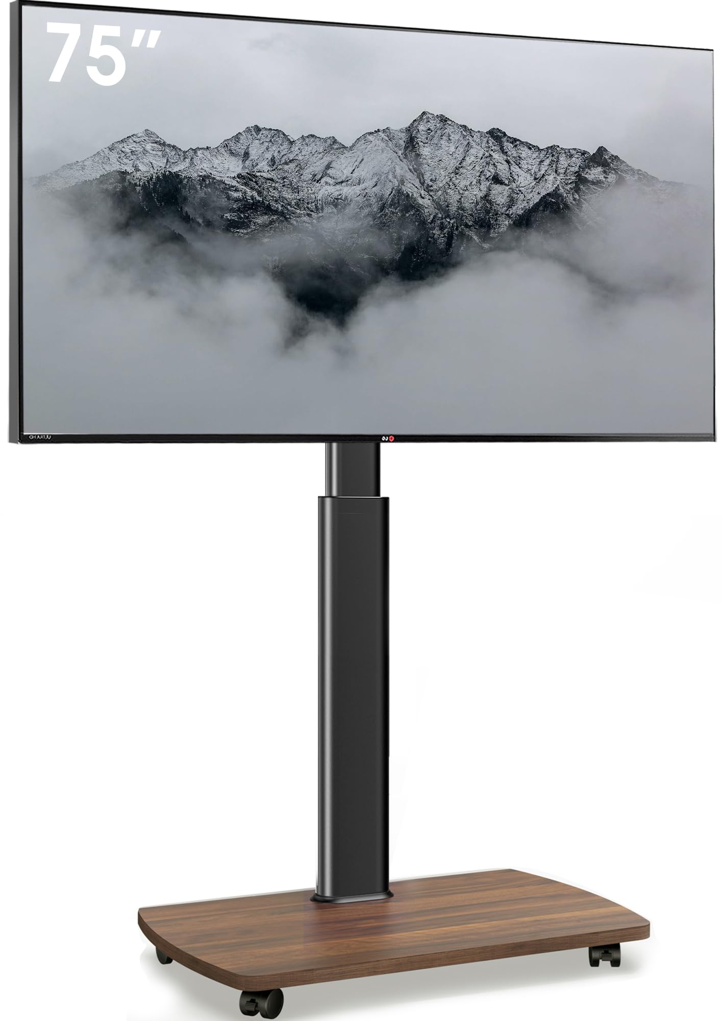 AOKCOS Carrello Porta TV con Ruote per 43-75 Pollici, Supporto TV da Pavimento Girevole e Regolabile in Altezza, Inclinabile Porta TV da Terra Mobile con Base in Legno, Max VESA 600x400mm 50kg
