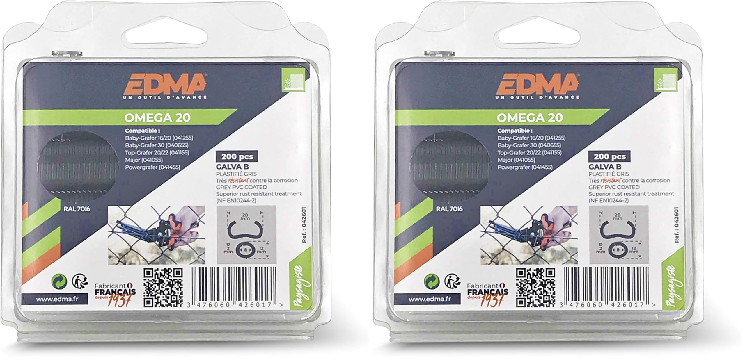 AGRAFE OMEGA 20 - Galva plastifié gris - x 200 pcs (Lot de 2)