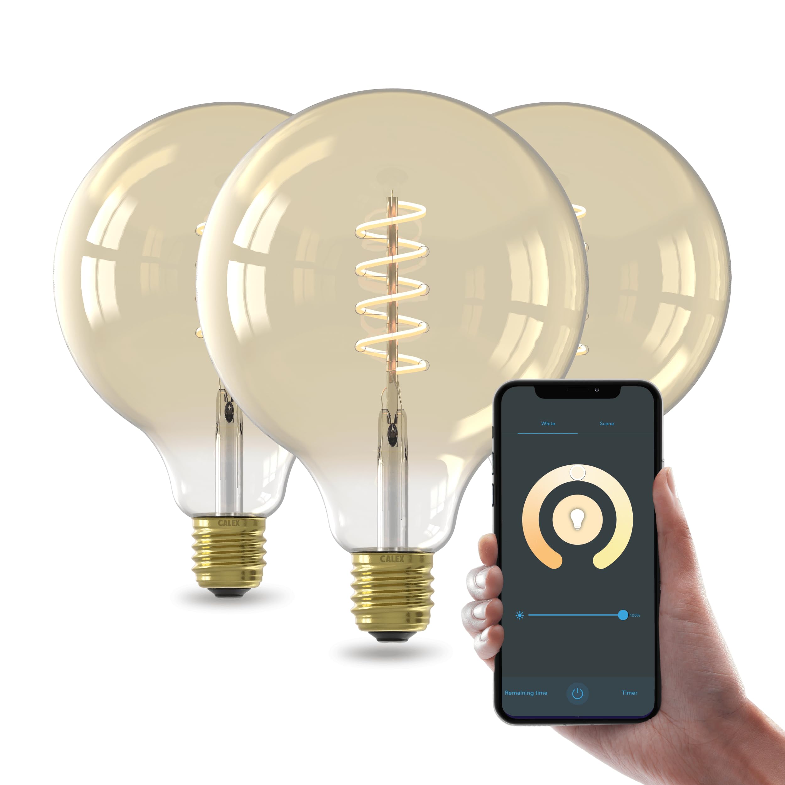 CALEX Smart LED Bulb, E27 G125, Gold Filament, Warm White Light, Dimmable, WiFi App & Voice Control, 3-Pack