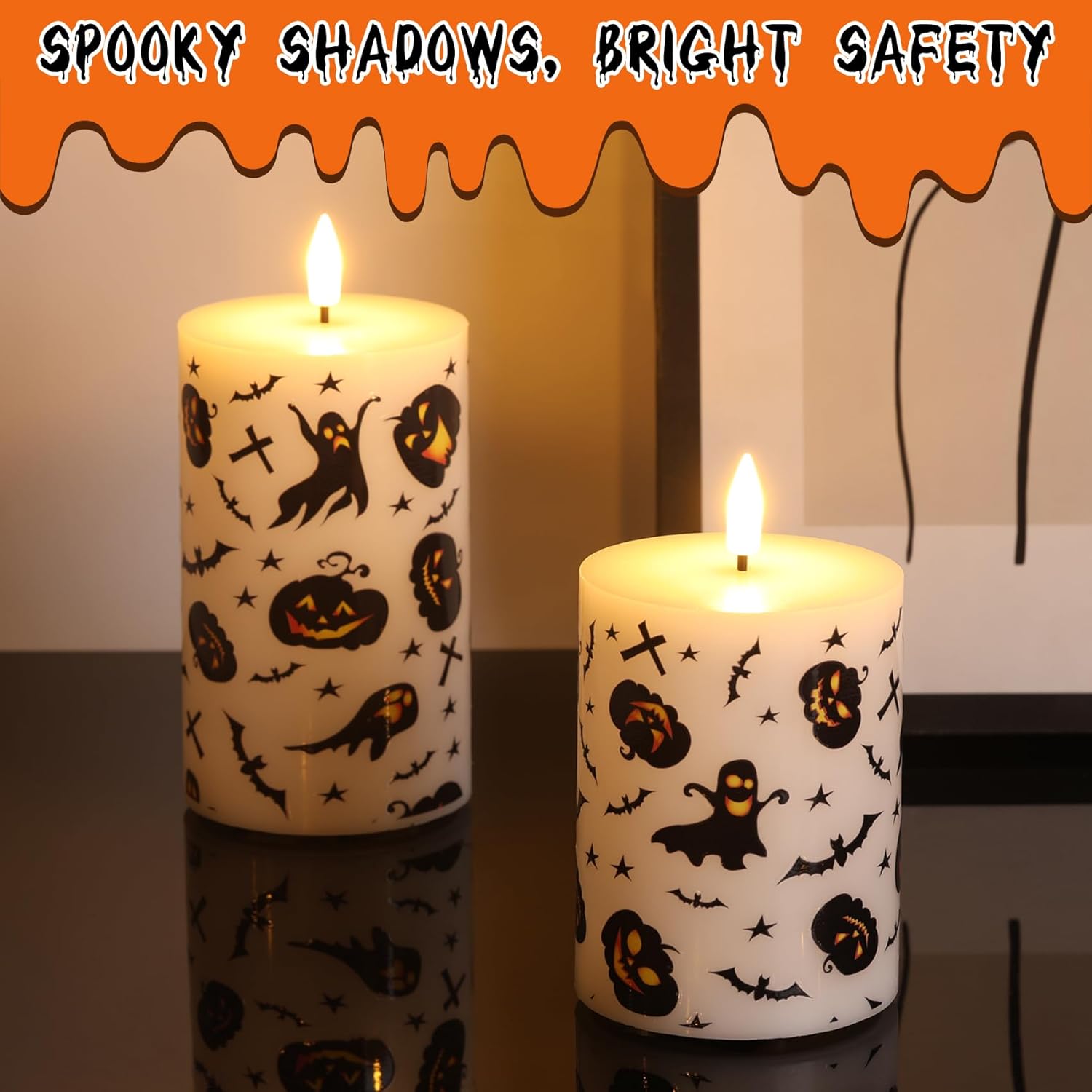 Halloween Flameless Pillar Candles with Remote, Flickering Spooky LED Wax Candles Battery Operated Set of 3