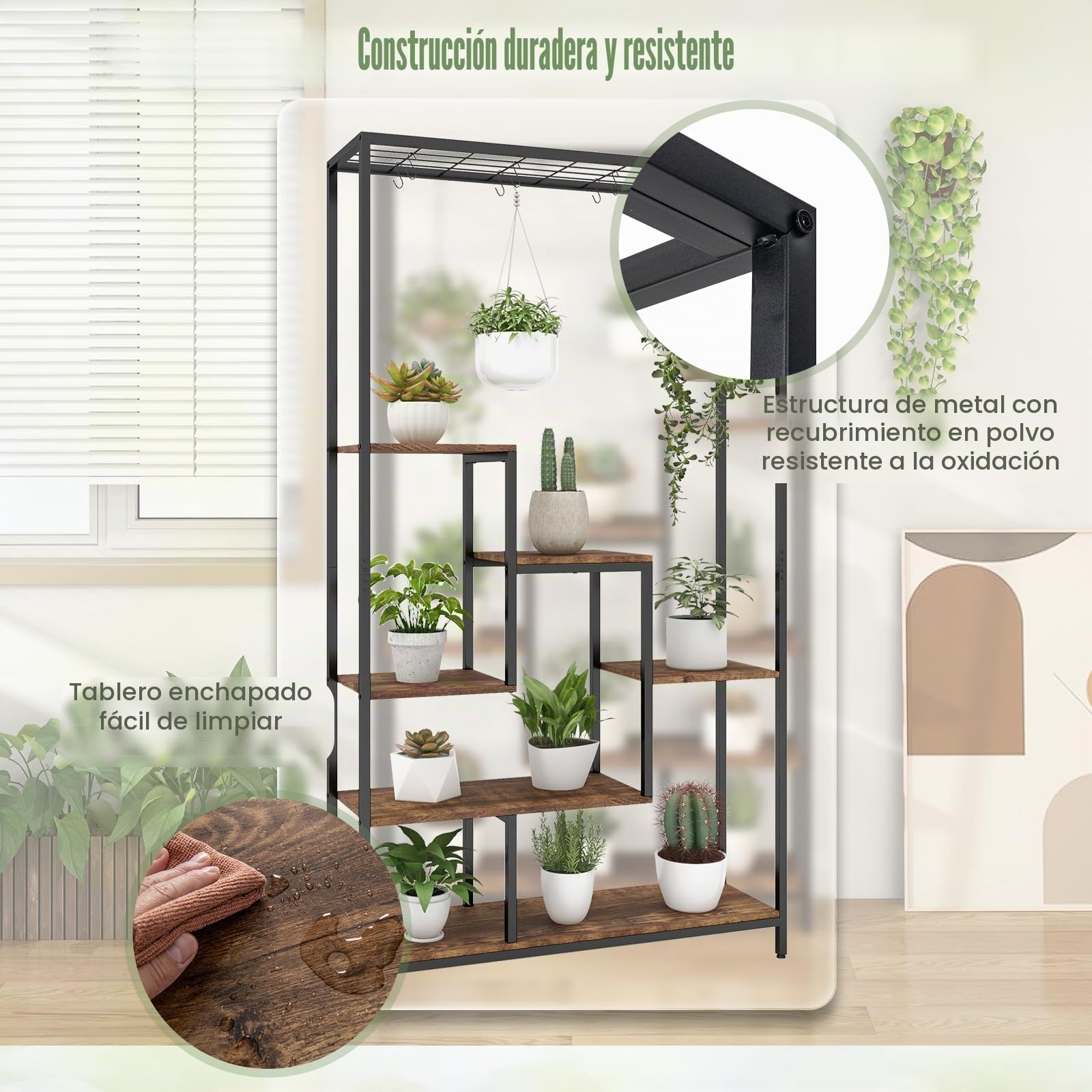 HOMASIS 6 Niveles Soporte para Plantas de Interior, 100x30x180cm Estantería Vertical y Multiusos con Rejilla y 10 Ganchos, Jardinera Industrial de Madera y Metal para Decoración Marrón