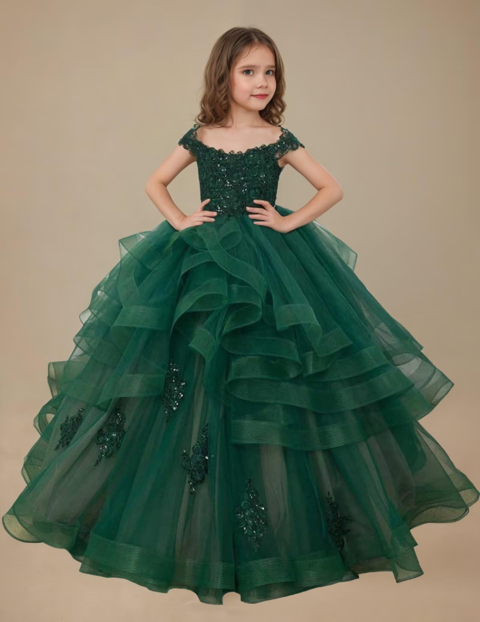 Naocca Off The Shoulder Flower Girl Dress Lace Appliques Ruffles Pageant Dresses for Girls Tulle Dance Ball Gown Mustard Yellow US3