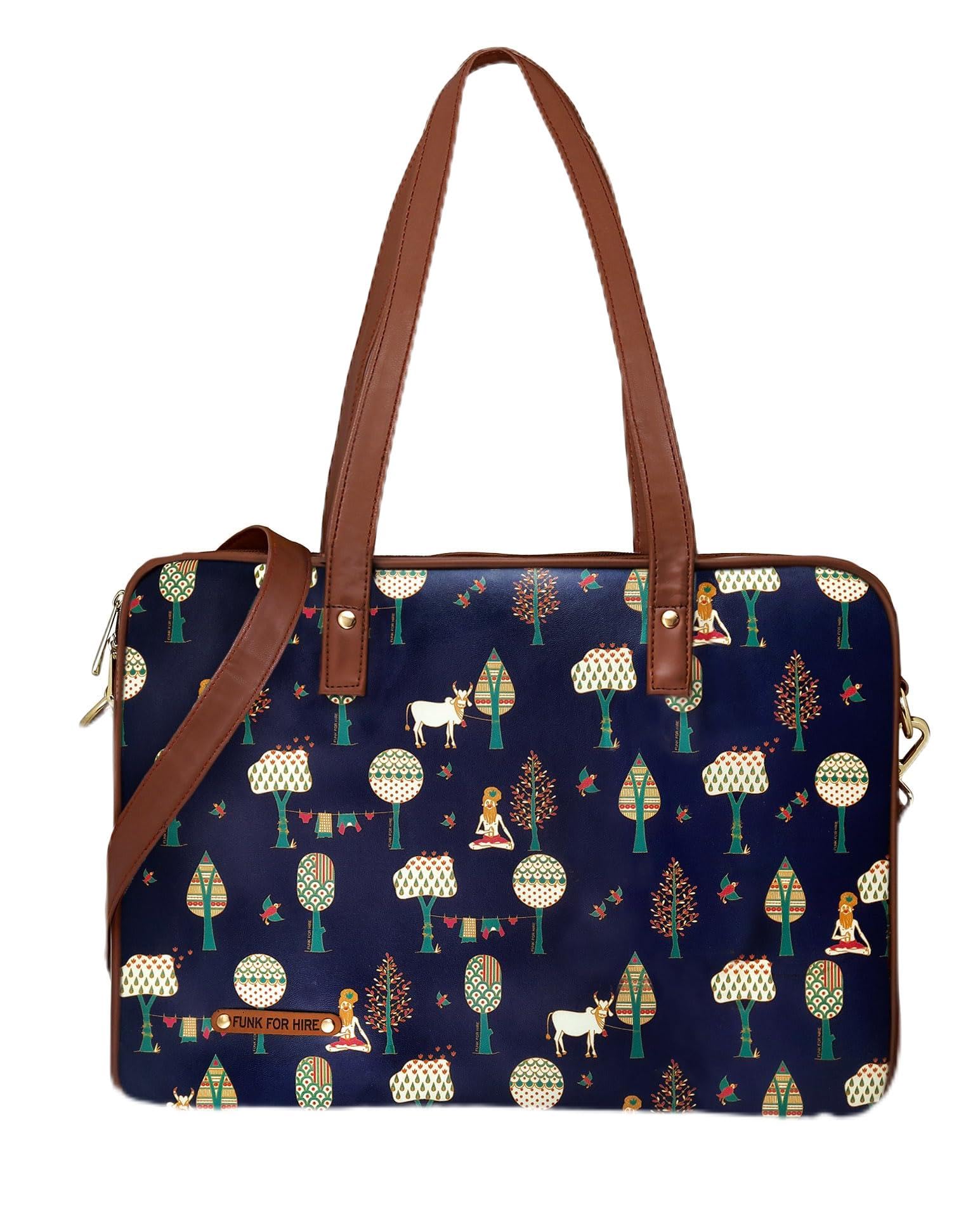 Funk For Hire Women Printed Faux Leather 15.6" Laptop Handbag/Sling Bag Navy Blue And Brown (B07DHJPN38) Amazon Price History, Amazon Price Tracker
