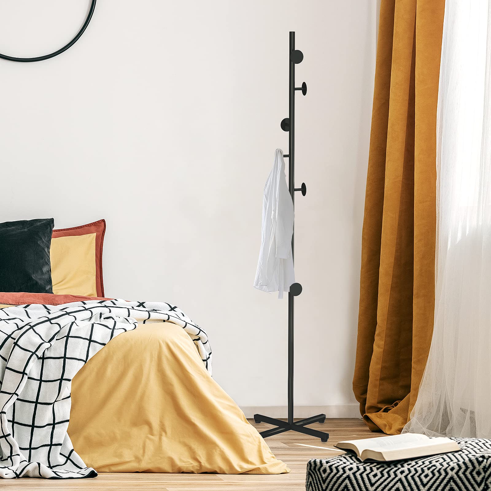 Portemanteau Autoportant à 8 Crochets Et 3 étagères - En Bois Noyer, Pour Couloir, Chambre Ou Bureau