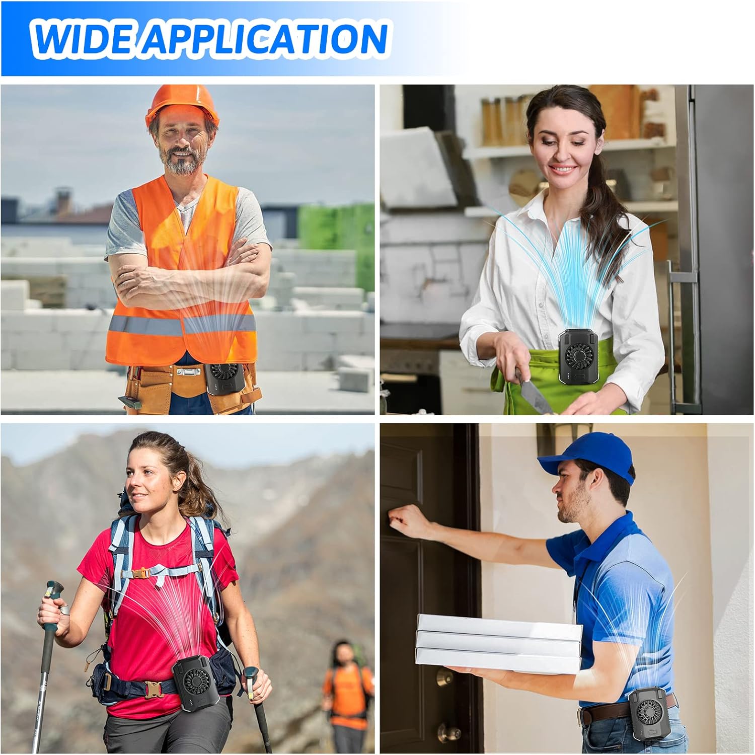 10000mAh Portable Waist Fan with Charger & Flashlight - 3-Speed Strong Airflow, Shirt Fan Clip-On Belt for Outdoor Work, Construction, Hiking, Cooling (Black)