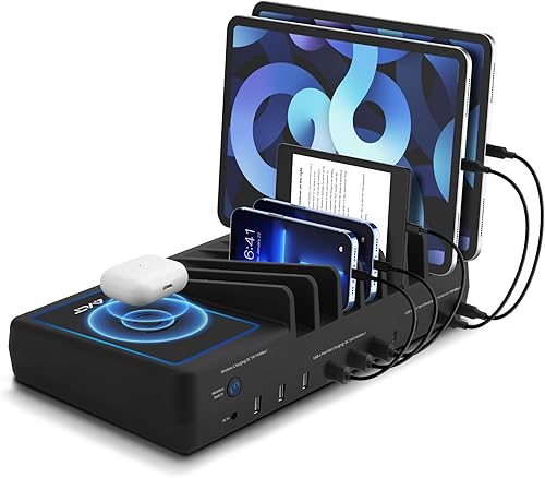 AVLT 150W 10 puertos USB-A USB-C con estación de carga inalámbrica Qi para múltiples dispositivos compatibles con iPhone, iPad, AirPods, teléfono