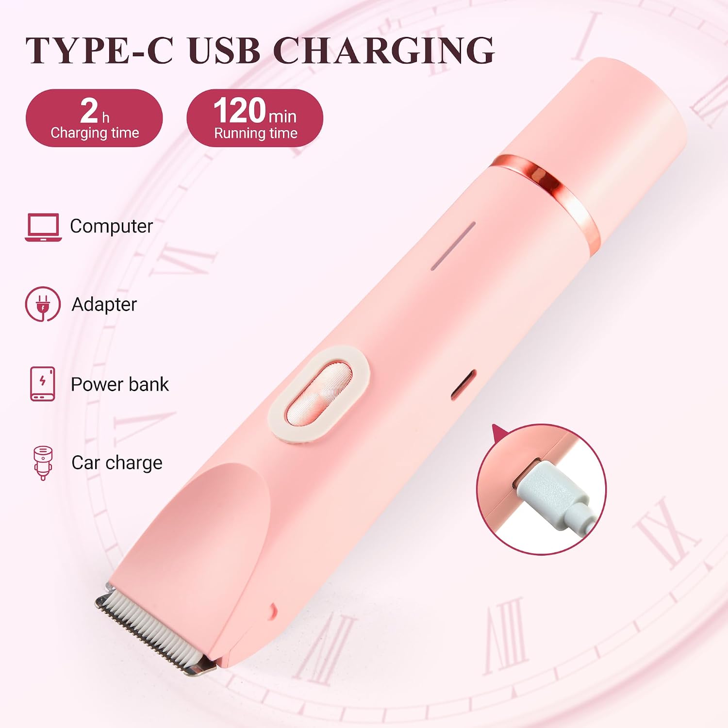 2-in-1 Bikini Trimmer for Women Electric Razor, Shaver for Bikini with 2 Replacement Heads (1 Flat + 1 Round), IPX7 Waterproof Cordless Remover for Pubic Hair Underarm Leg & Face, Pink