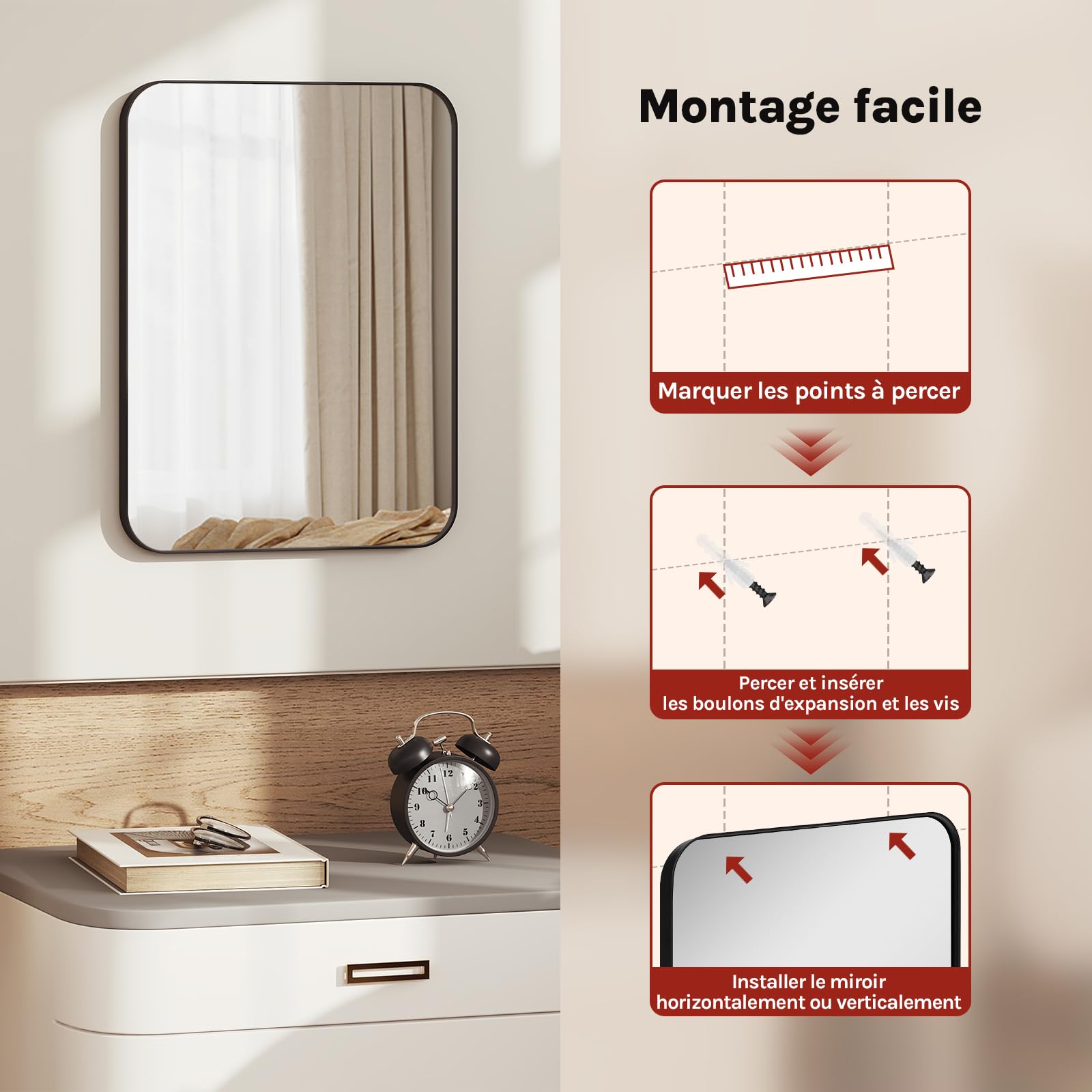 WOLTU Miroir Mural Rectangulaire 40x30 cm, Miroir Salle de Bain, Cadre en Métal Noir, avec Film Anti-éclats, Miroir Décoratif pour Salon, Chambre, Entrée, Couloir, Moderne