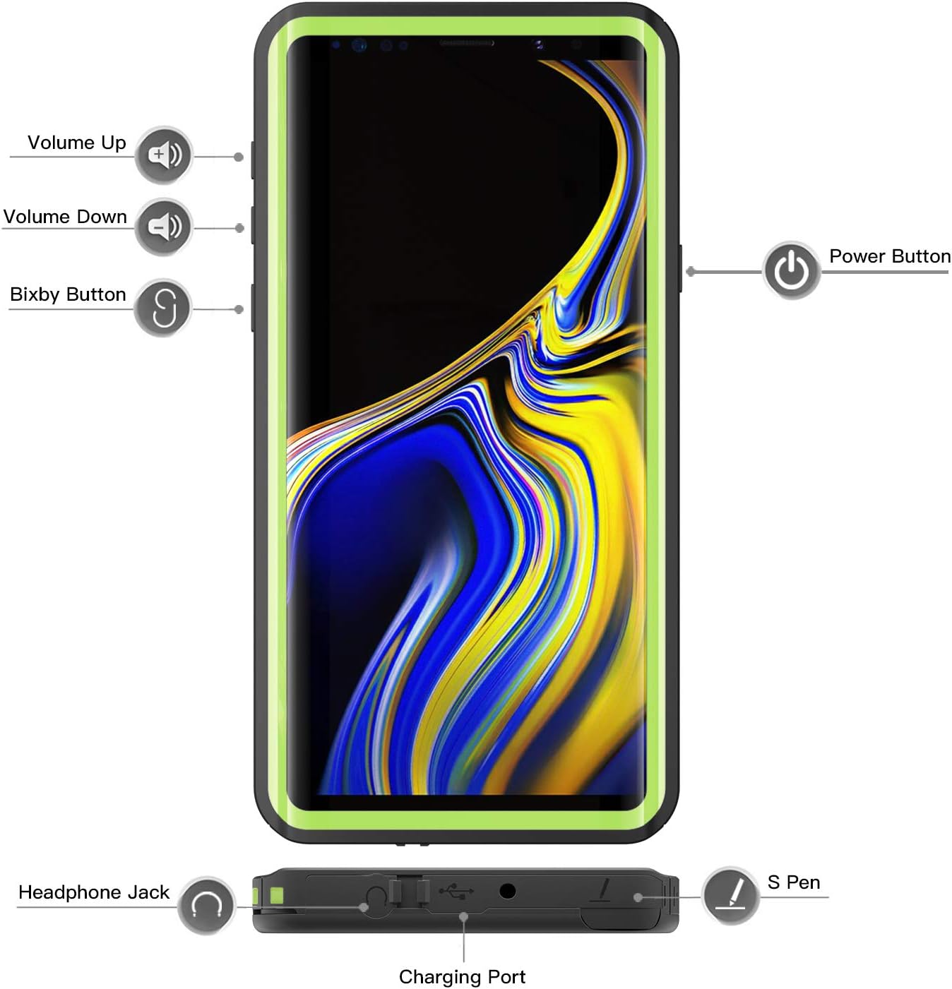 Fansteck Samsung Galaxy Note 9 Waterproof Case, IP68 Waterproof/Snowproof/Shockproof/Dirtproof, Fully Sealed Underwater Protective Cover for Samsung Galaxy Note 9 (6.4-inch) (Black/Green)