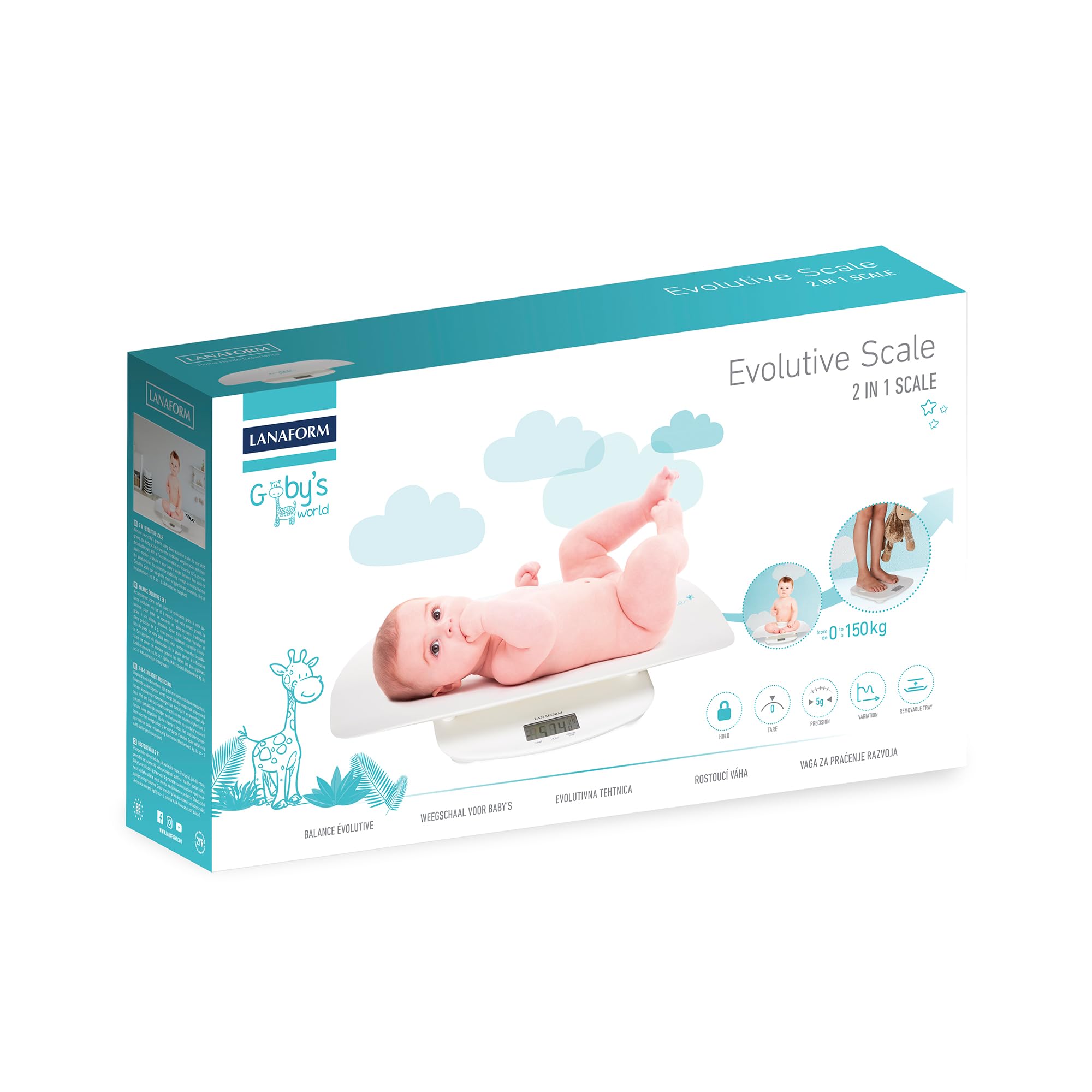 LANAFORM - Evolutive Scale - Pèse Bébé Évolutif - Balance Pour Bébé Et Adulte - Avec Plateau Amovible - Jusqu'à 150 Kg - Système De Stabilisation