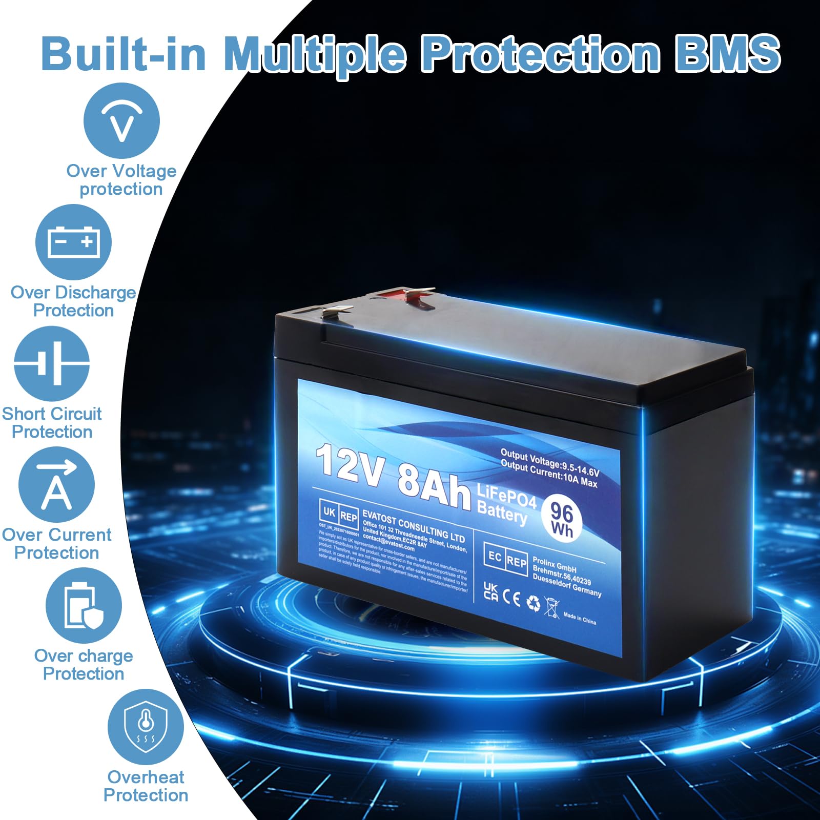 12V 8Ah LiFePO4 Batterie de Lithium Rechargeable, Cycle Profond 2000 Fois avec Protection BMS, Batterie LiFePO4 pour Les Bateaux à Moteur, Camping, Scooters, USP,Éolienne, Solaire, Onduleurs