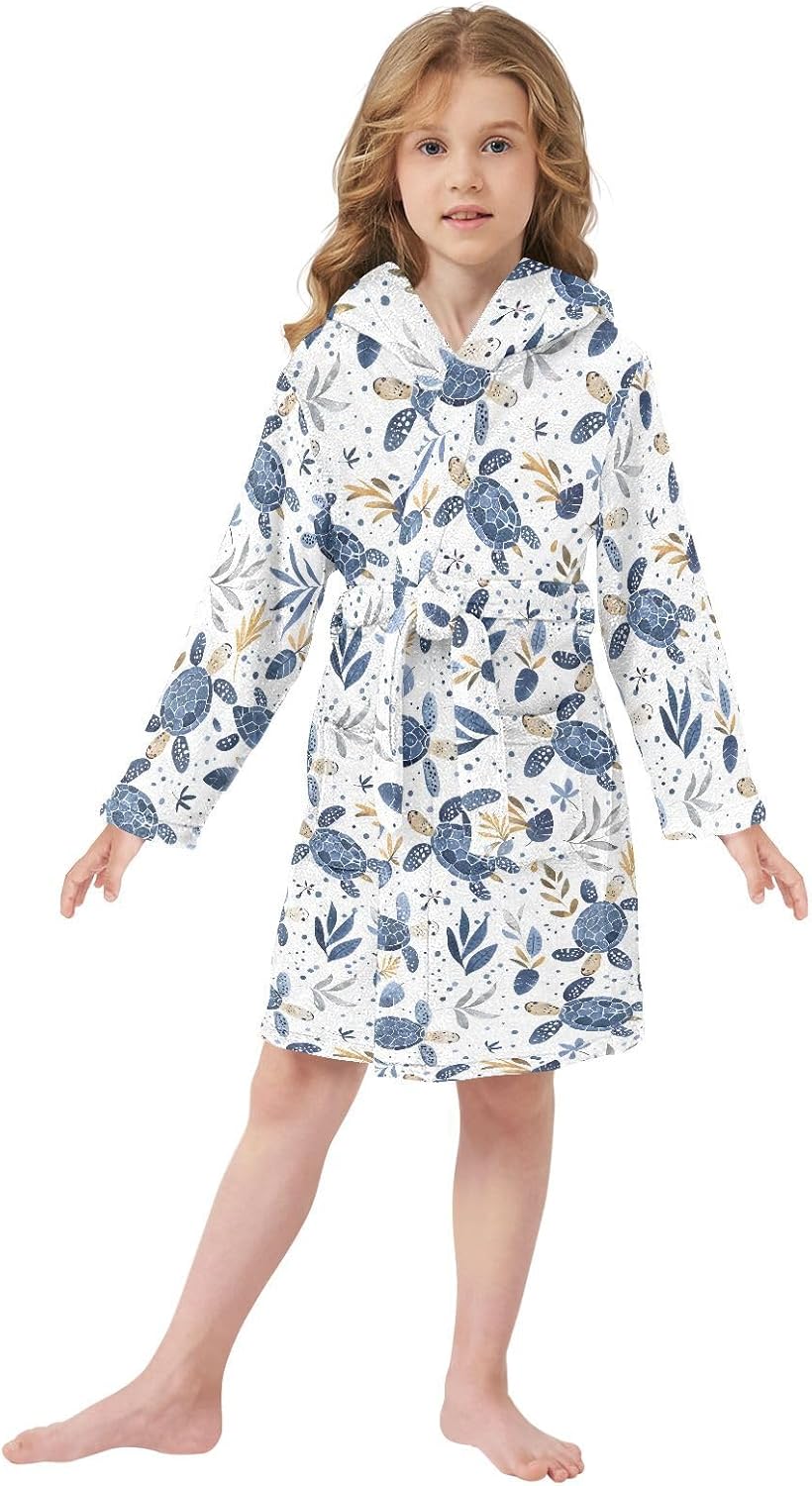 senya Turtle Ocean Blue Toddler Hooded Bathrobe Kids Soft Plush Bath Towel Robes for Boys Girls 2-12 Years