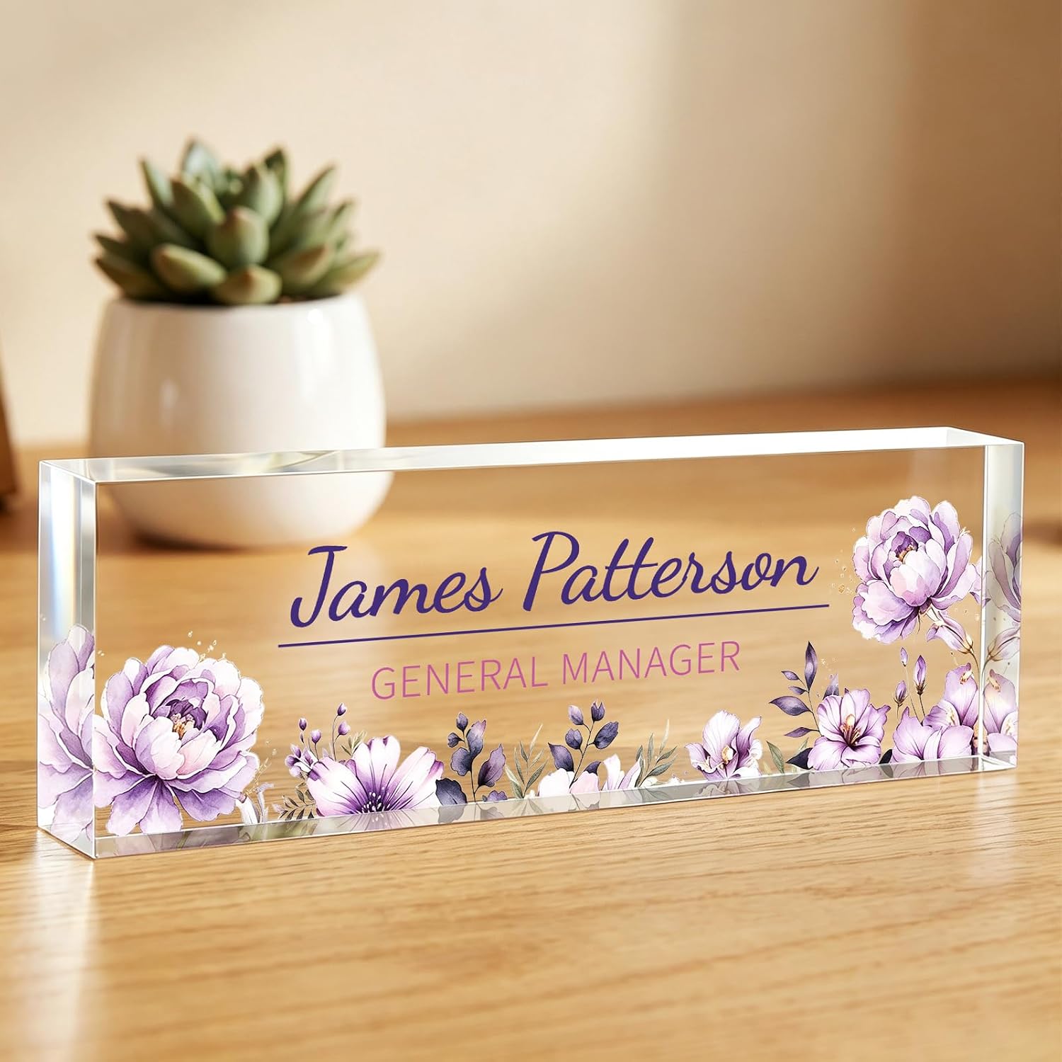 Personalized Acrylic Desk Name Plate, Custom Name Plate with Wooden Base