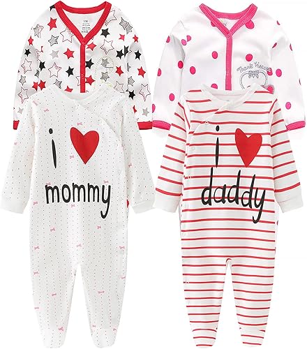 Conjunto de 4 pijamas para bebés y niñas de una sola pieza de algodón para recién nacidos, conjunto de 4 unidades