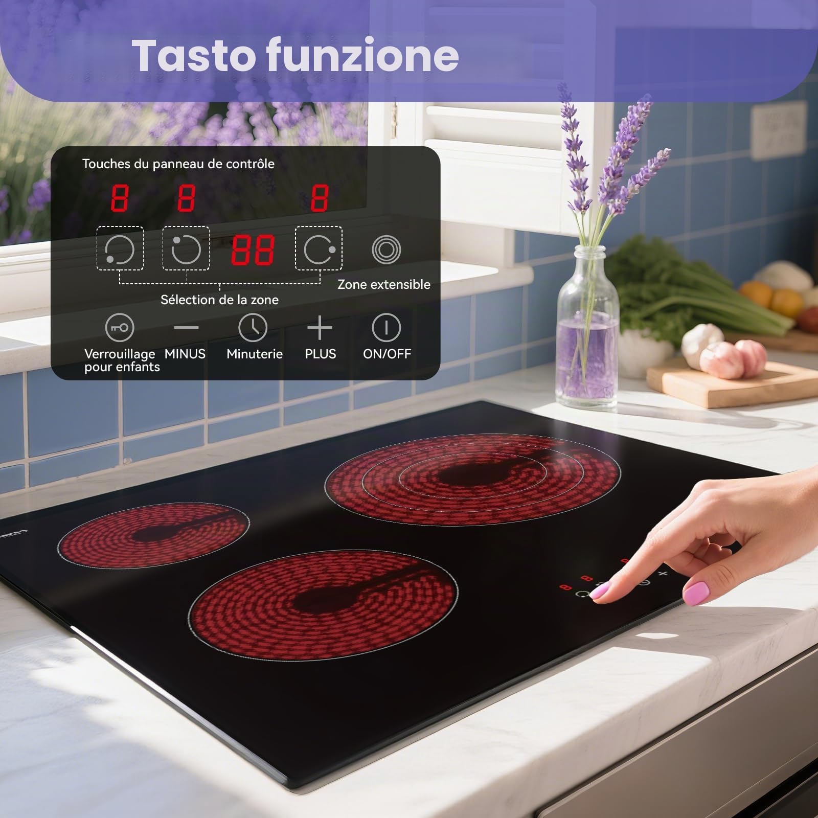 STARCHARTS Piano Cottura Vetroceramica 3 Fuochi 59 cm 5700 W 3 Anelli ILVA. | Incasso, blocco bimbi, 9 livelli, triplo anello, vetro ILVA, facile pulizia, calore residuo, spegnimento auto, 59 cm, 5700 W.