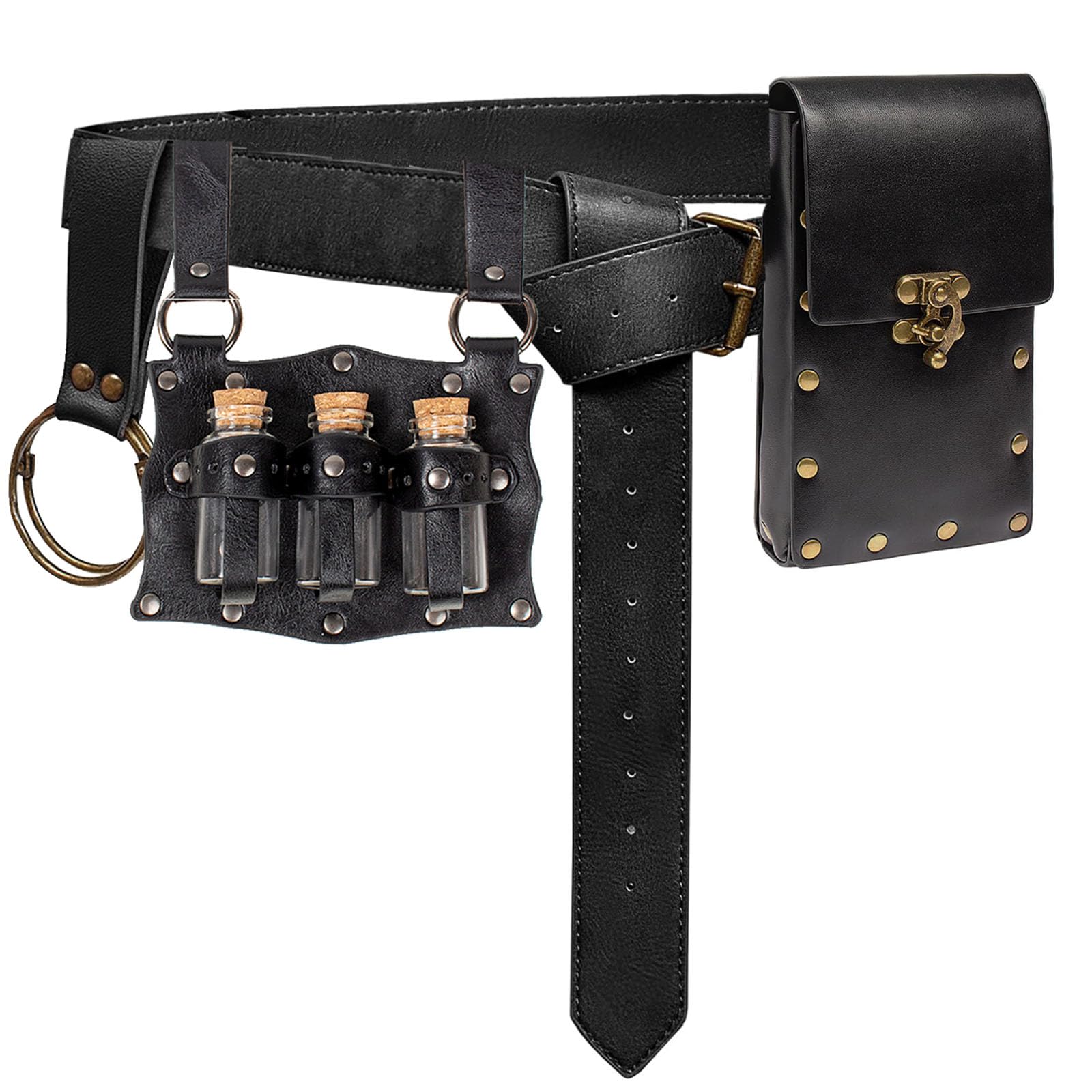 Renaissance Costume Accessories Casual Belt Pouch Fanny Pack Potion Bottle Skirt Hike Set Medieval Festival Halloween (Black)