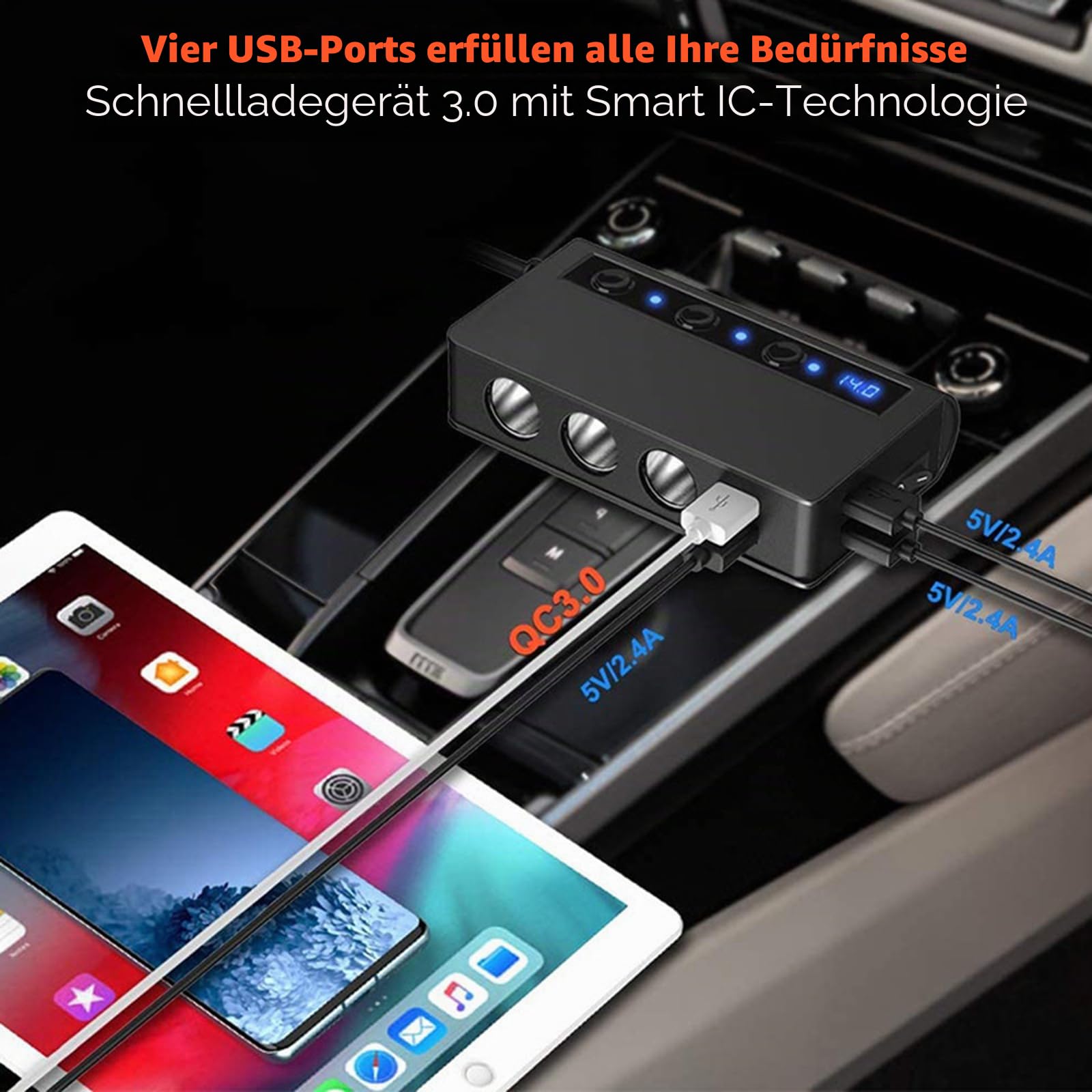 Auto Ladegerät Zigarettenanzünder Sockel Splitter 180W Zigarettenanzünder Adapter mit 4 USB Ports Separate Schalter Spannungsanzeige QC3.0 Schnellladung Für Telefon Tablets Dash Cam