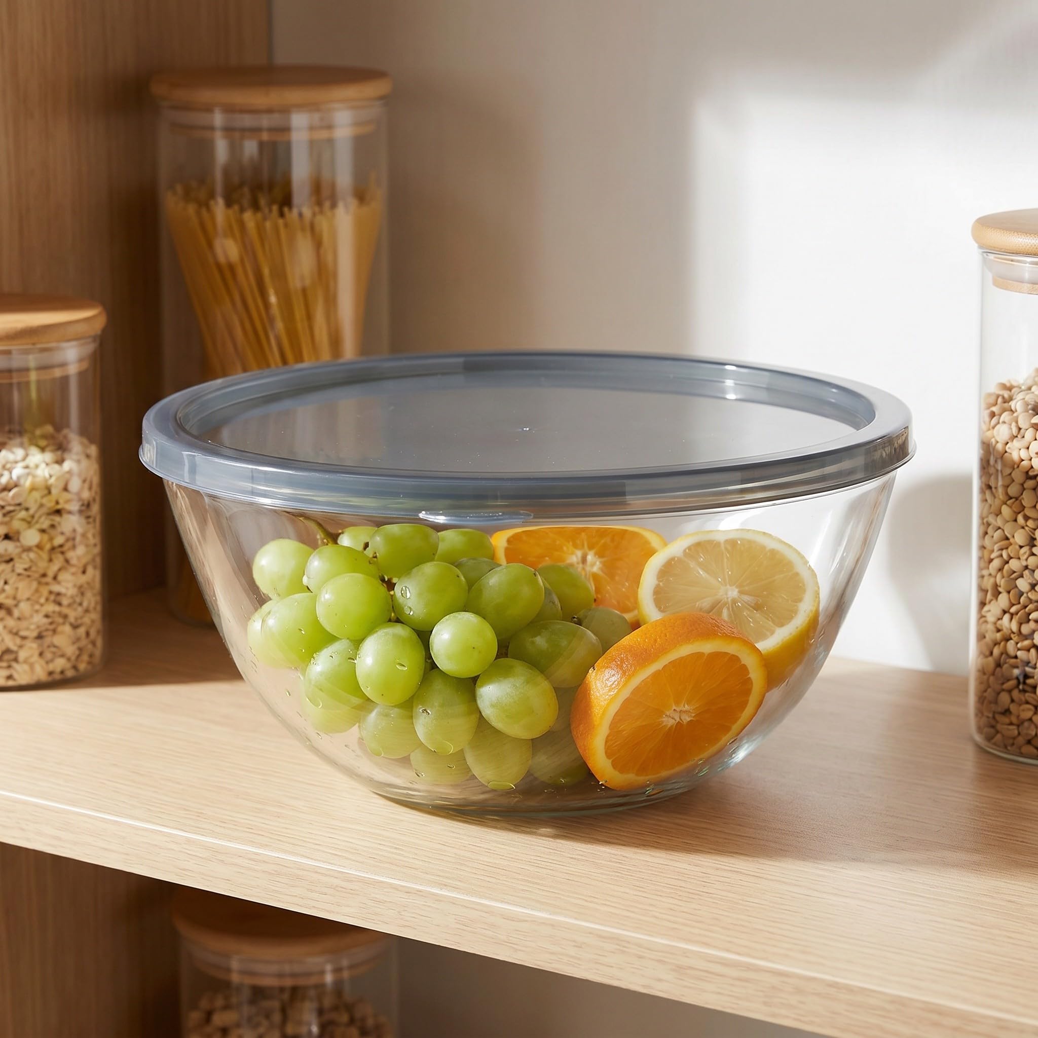 Operitacx Bol de vidrio para mezclar masa madre con tapa - Bol grande para ensalada de 4,5 L / 4,76 cuartos para mezclar y servir - Diseño transparente de amplia abertura para usar en la encimera de