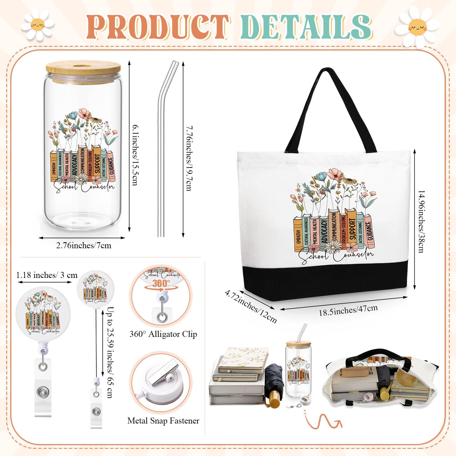 Vesici 3 Pcs School Counselor Teacher Appreciation Gifts for Women, 16 oz Glass Cup Large Canvas Tote Bag with Retractable Badge Reel Teacher Appreciation Week Gifts for Instructor Graduation Favors