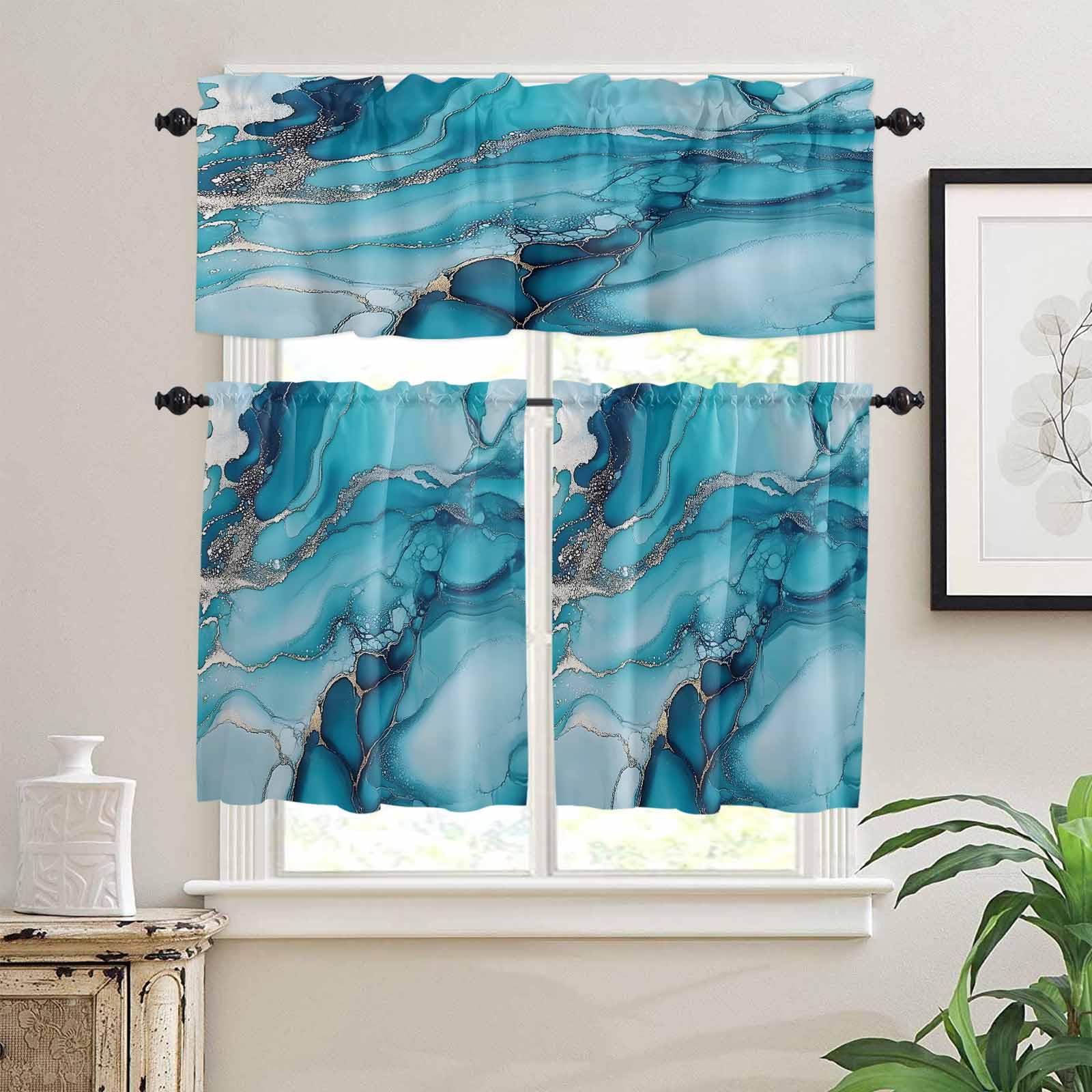 Turquoise Marble Kitchen Curtains 36 Inch Length, 3 Piece Rod Pocket Small Half Tiers and Valance Set, Teal Grey Modern Geometric Small Large Window Treatment Decor for Bedroom/Bathroom Sink