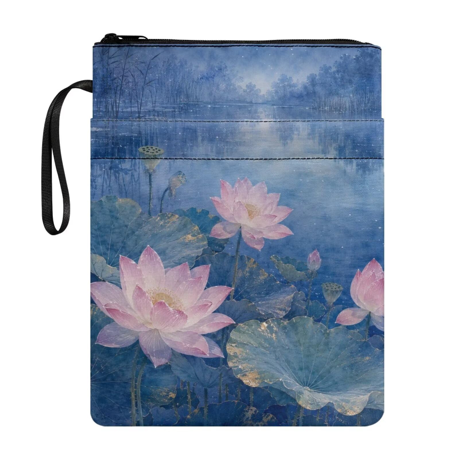 Poceacles Zippered Book Sleeve for Book Lovers, Protective Notebooks Cover Pouch for Hardcover, Paperback, 29 x 22 cm, Lotus Flower Blue