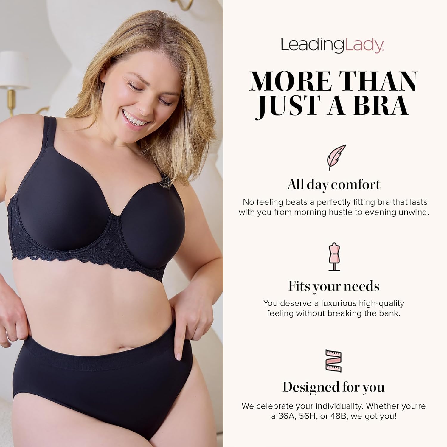 Leading Lady, Chloe, Underwire, Lightly Padded T-Shirt Bra, Side and Back Smoothing, Adjustable Straps, Lace Band, 38A-48DD - Image 3