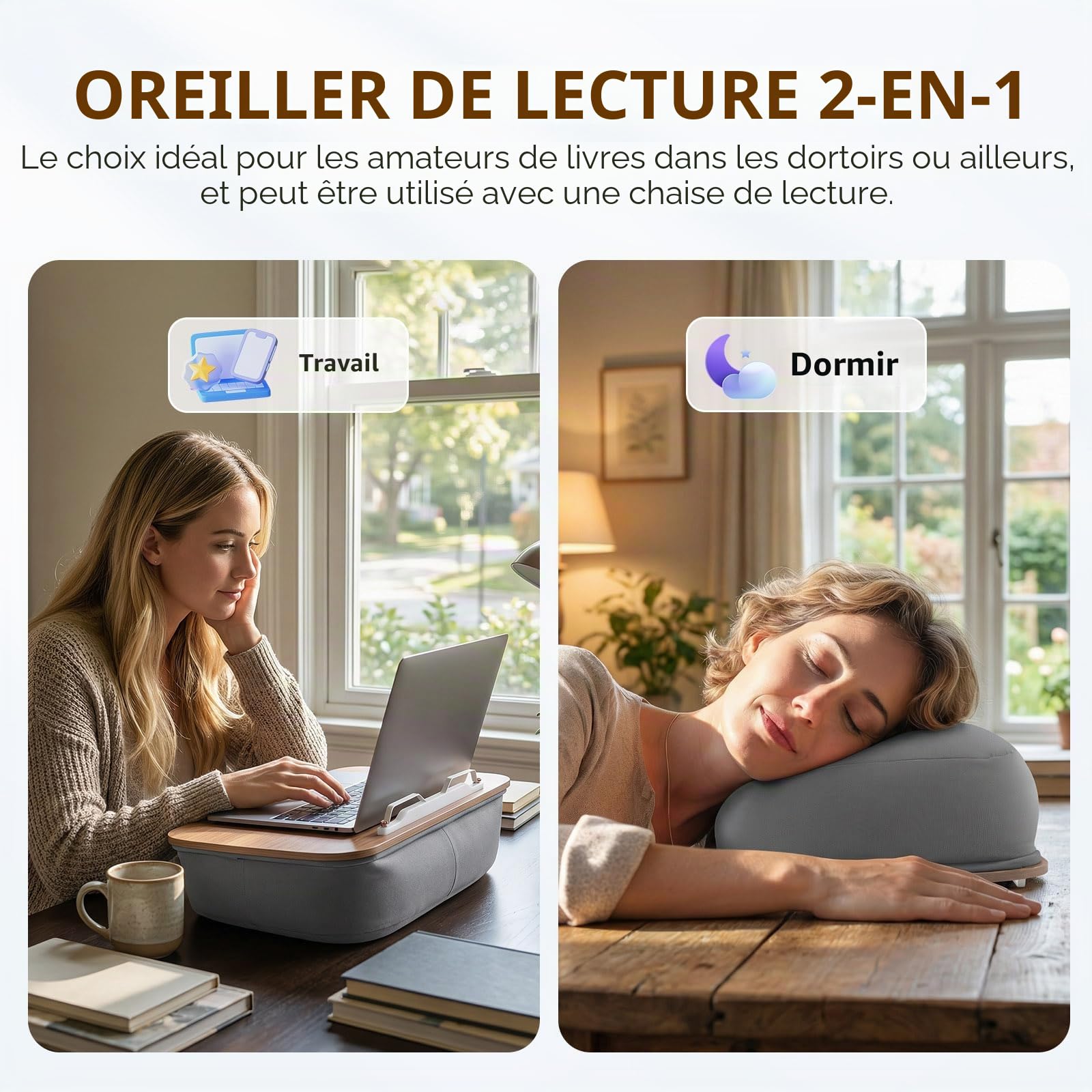 Pouf, support de livre et coussin de lecture – Lecture mains libres sur canapé, lit et bureau, pour livres, liseuse, tablette et ordinateur portable, cadeau pour les amateurs de livres (gris)