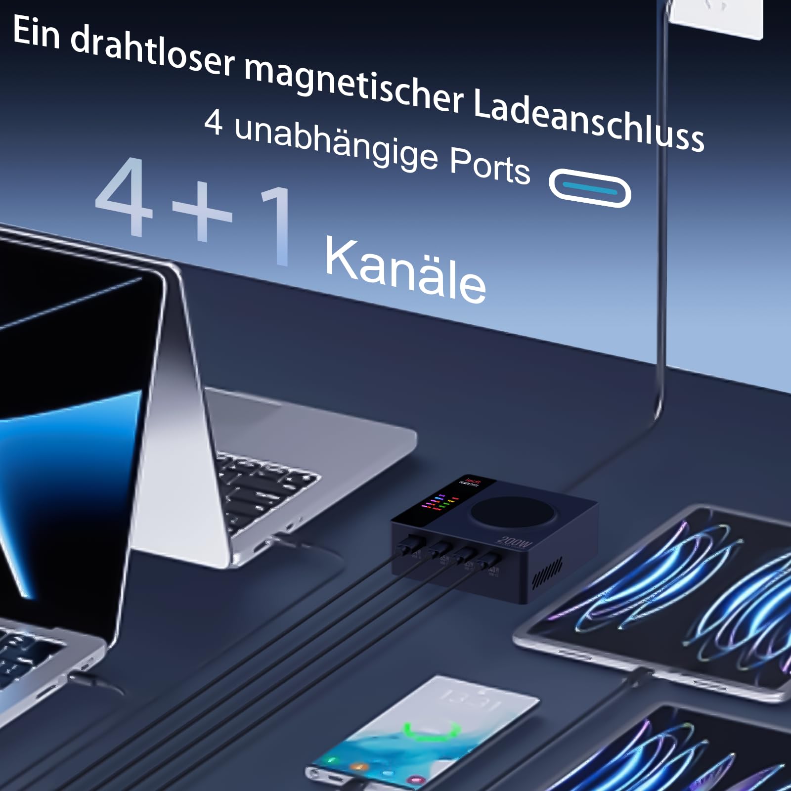 ISDT Power 200 Serie USB C Ladegerät,200W Handy Ladegerät mit 4 USB+1 Kabelloses Ladegerät,APP-Verbindung LCD Display PD 3.1 Schnelles Ladegerät Kompatibel mit iPhone,iPad,MacBook usw (Power 200H)