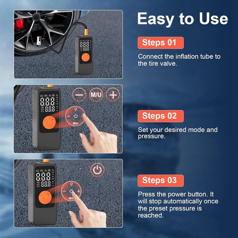 Compressore d'Aria per Gonfiaggio Pneumatici con Manometro Digitale, Pompa d'Aria 150PSI per Auto, Bici, Moto con Luce Indicatrice LED.