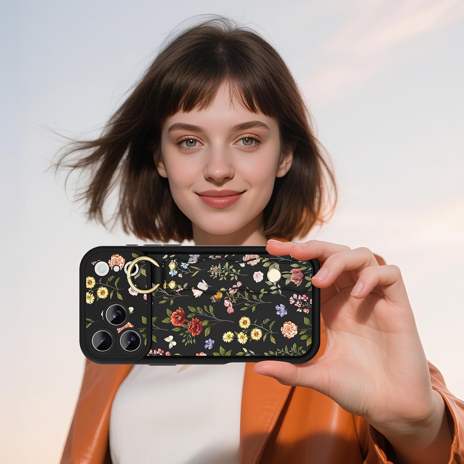 Compatible with iPhone 17 Pro Case with Wrist Strap, Cute Floral Flower Pattern [Upgraded] Soft TPU Adjustable Wristband Kickstand Shockproof Protective Cover for Girl Women, Black