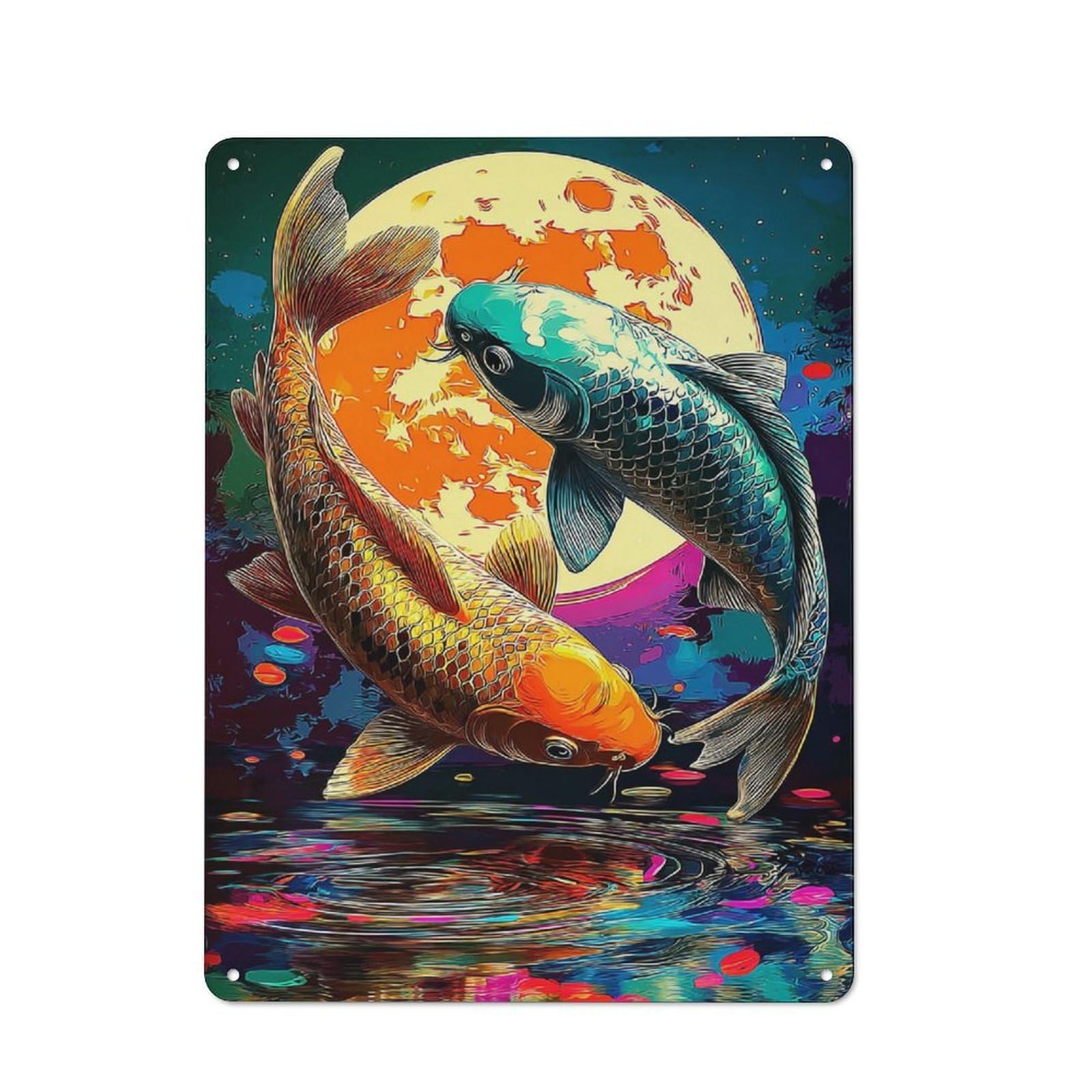 Junmoney Koi Fish Under A Full Moon Metal Wall Sign 40X30cm Featuring For Café Or Restaurant, A Decorative Metal Sign For Cafés And Restaurants