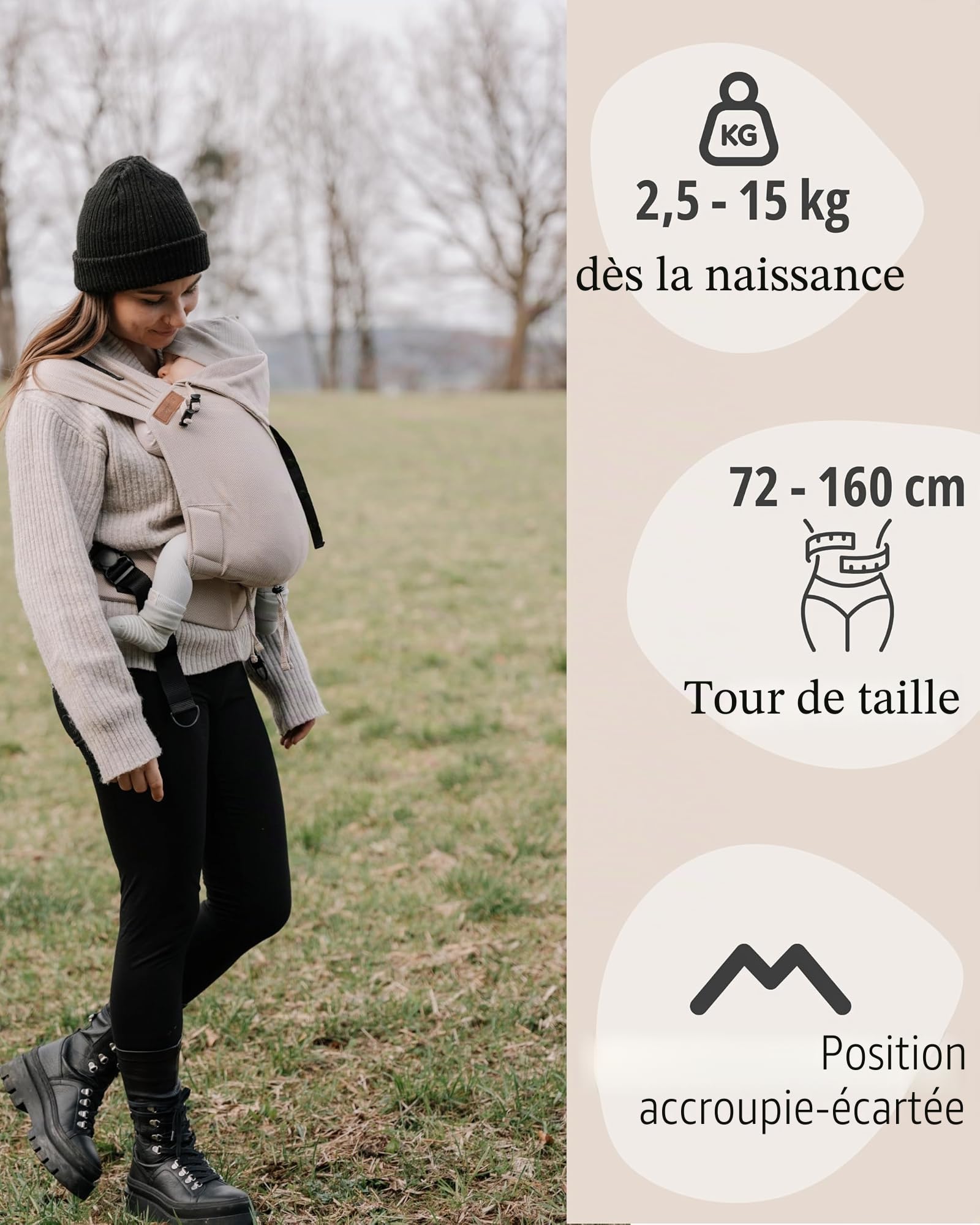 Hoppediz Porte-bébé Primeo dès la naissance (2.5-15 kg), Porte-bébé ventral et dorsal, Taille Réglable, 100% coton bio, Design Lanzarote