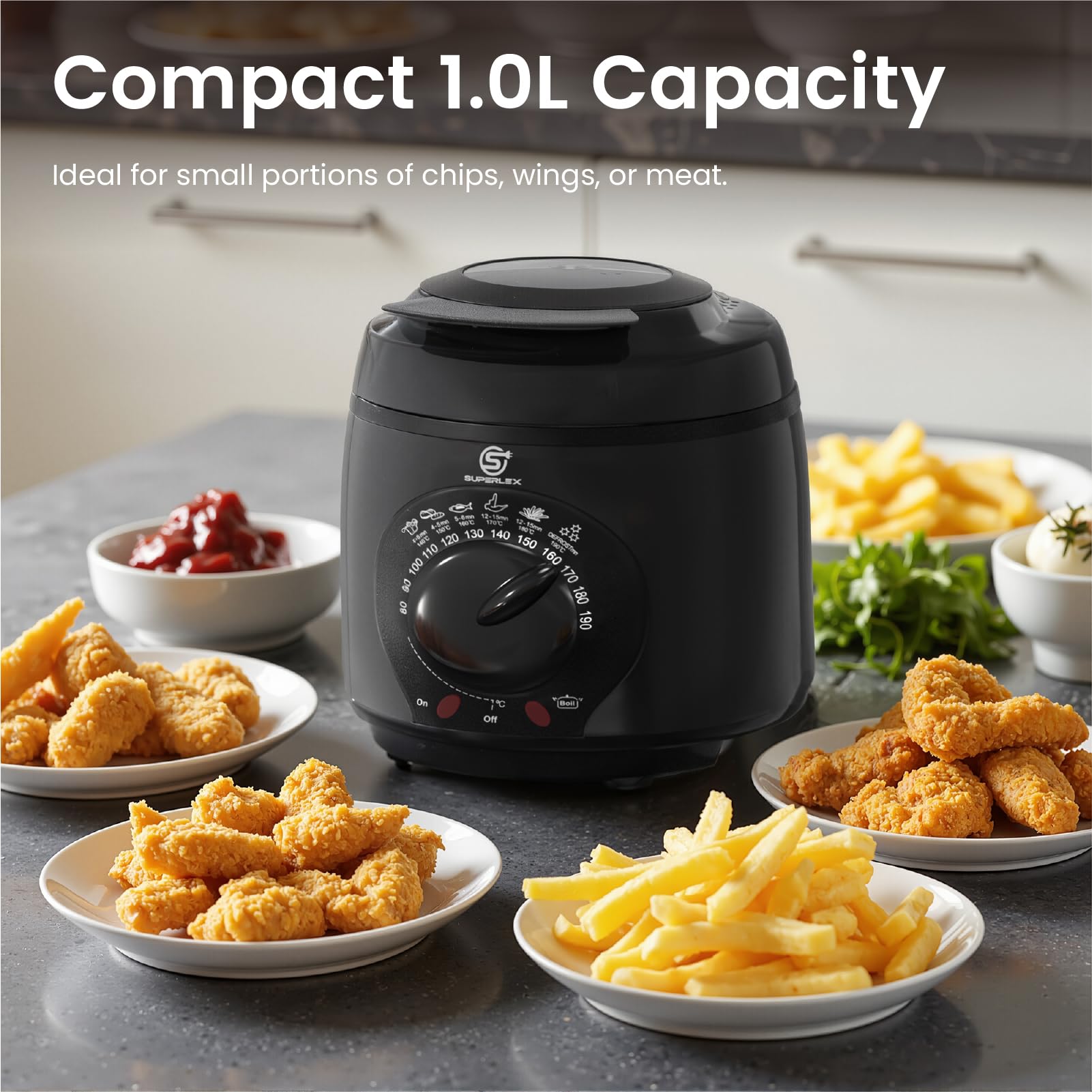 Friteuse mit Fett 1L Elektrische 950W Kompakte Mini Fritteuse Öl mit Temperaturregelung Edelstahl Filter für Knusprige Pommes Frites Hähnchen Fisch Snacks für Küche Haushalt Gastronomie