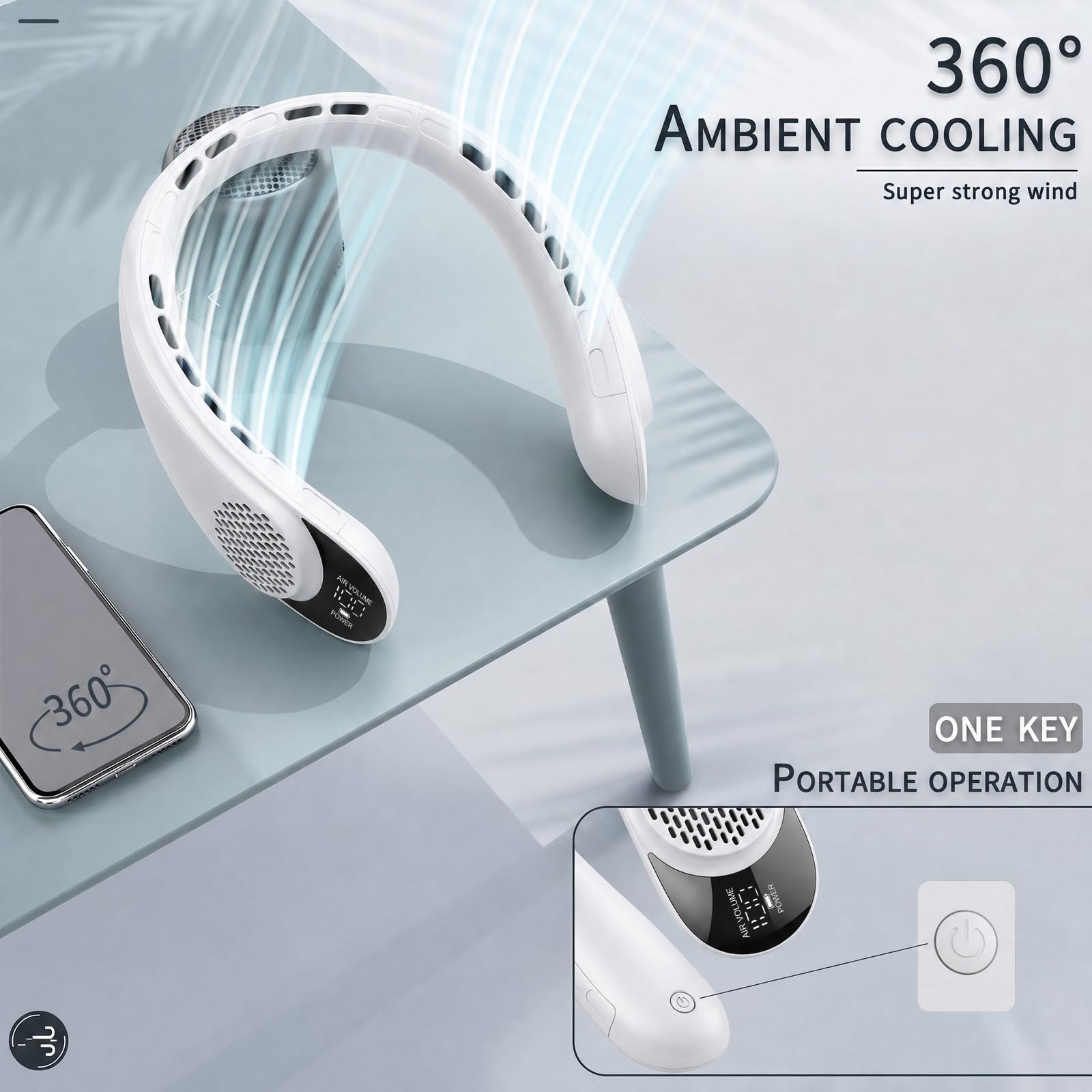 ASNUG Ventilateur de cou portable sans pales - Rechargeable par USB - 4000 mAh - 3 vitesses réglables - Refroidissement plus rapide - Ultra silencieux - Convient pour la maison, le bureau, le sport