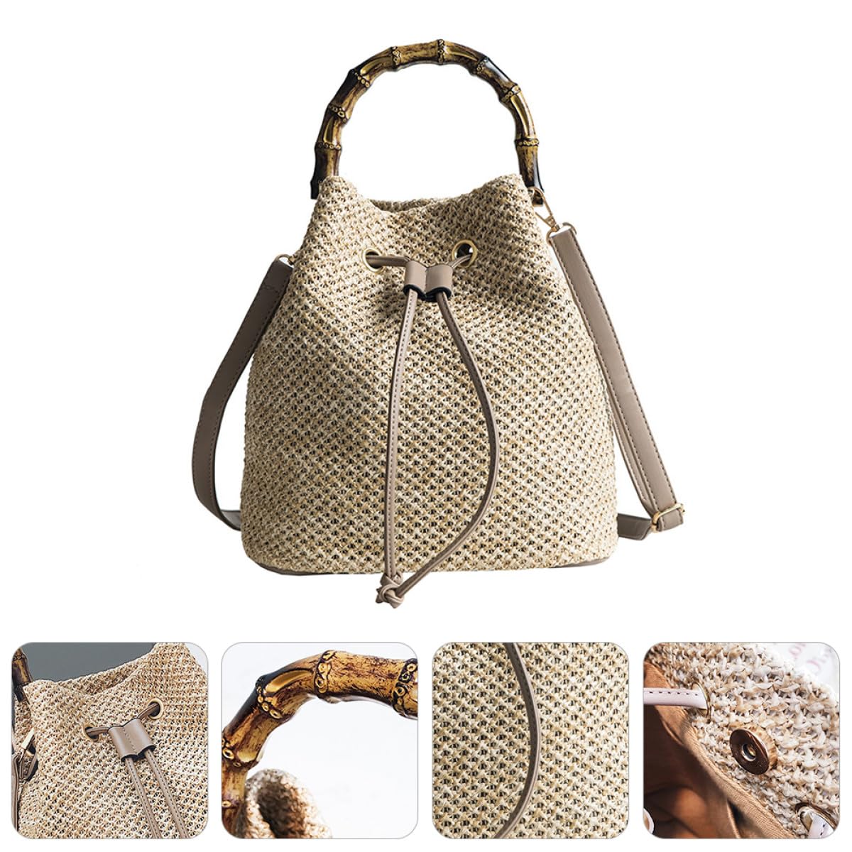 ifundom Borsa Secchiello Intrecciata in Lino e Poliestere, Khaki | Tracolla Crossbody Intrecciata, Chiusura a Coulisse, Stile Semplice e Generoso