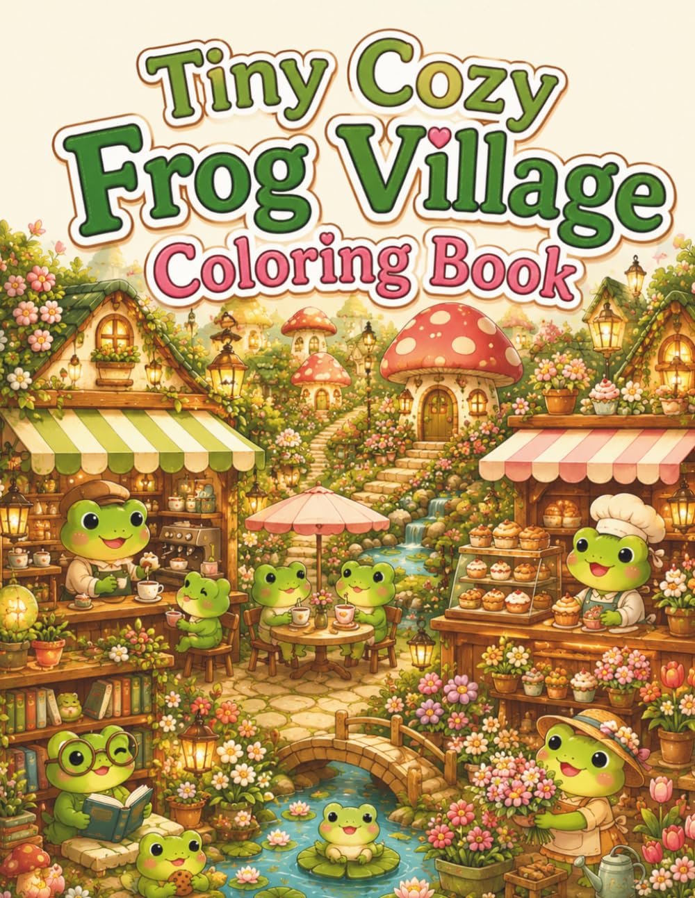 Tiny Cozy Frog Village Coloring Book: Cute and Easy Frog Coloring Pages with Cozy Cafes, Bakeries, Bookstores, Flower Shops and Relaxing Cottagecore Village Scenes for Adults and Teens