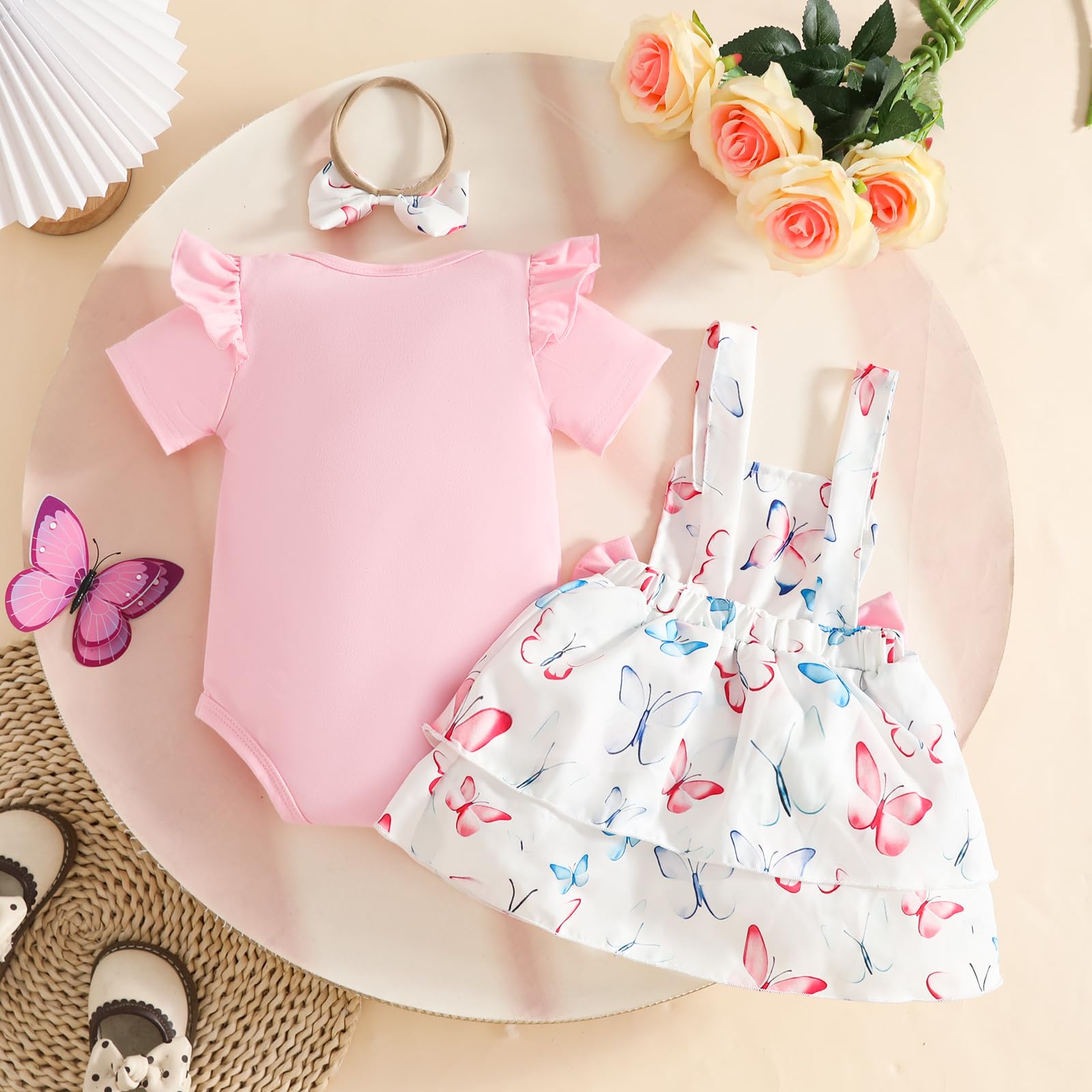 Conjuntos Falda Para Niña Recién Nacida Blusa de Manga Corta y Falda con Tirantes y Lazo Ropa de Verano Para Niña Bebé - 3
