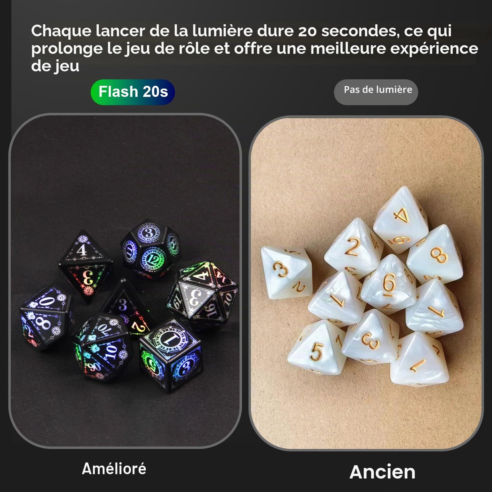 ORUZA Lot de 7 dés lumineux DND à DEL rechargeables avec boîte de charge, dés D&D polyédriques lumineux pour jeux de rôle Donjons et Dragons RPG MTG