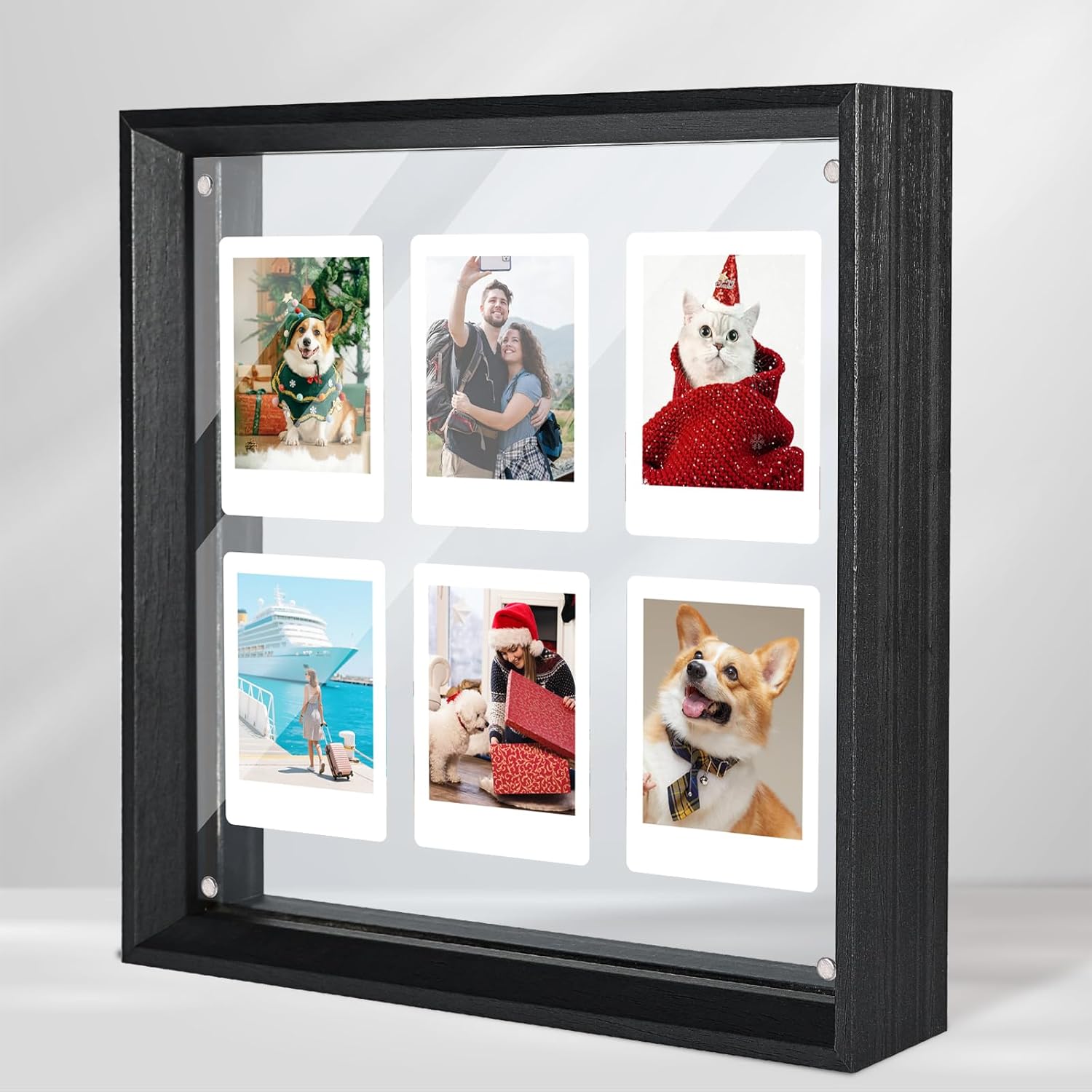Floating Polaroid Picture Frame - Holds 12 Mini Instant Film/2x3 Wallet Photos, 12x13 Black Double-Sided Clear Acrylic Magnetic Frame for Tabletop Display