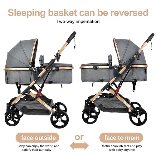 Miniatura 5 de Cochecito de bebé convertible 2 en 1 para recién nacido plegable cochecito de bebé plegable de paisaje alto, cochecito de bebé negro