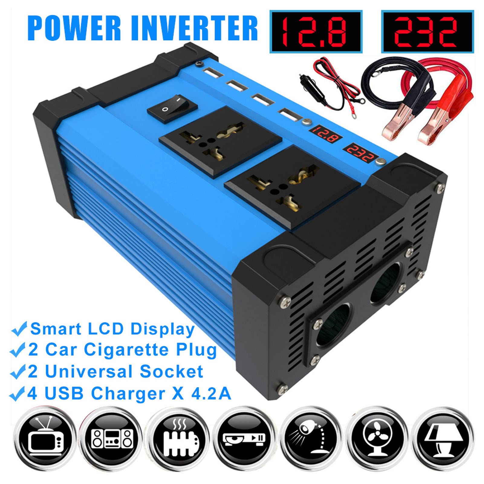 Konwerter zasilania samochodu, 4 porty USB, 2 gniazda AC, podwójny wyświetlacz LCD, wbudowany bezpiecznik, do pojazdów 12 V, kompaktowy do podróży, na kemping, do podróży