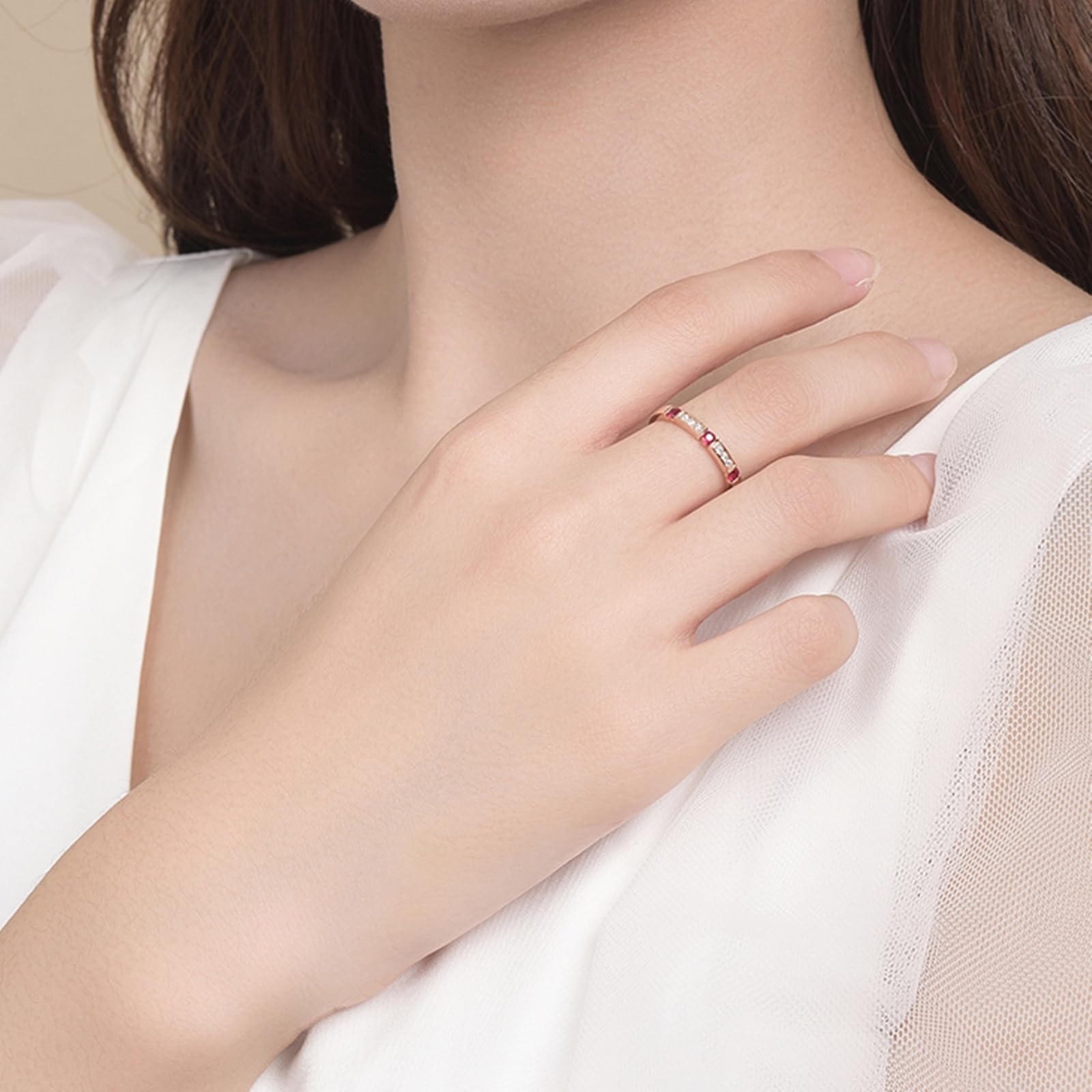 Anillo de oro rosa, anillo de compromiso, anillo de oro auténtico, con rubí, media eternidad, para mujer