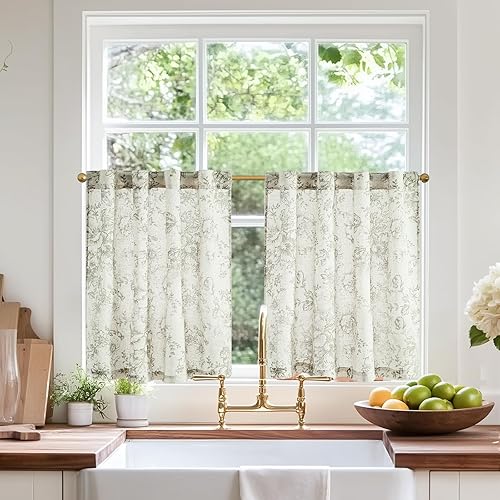 jinchan Linen Floral Tier Curtains 24 Inch Farmhouse Botanic Cafe Curtains Light Filtering Drapes for Small Windows Back Tab Half Window for Kitchen Living Room Bathroom 2 Panels Green
