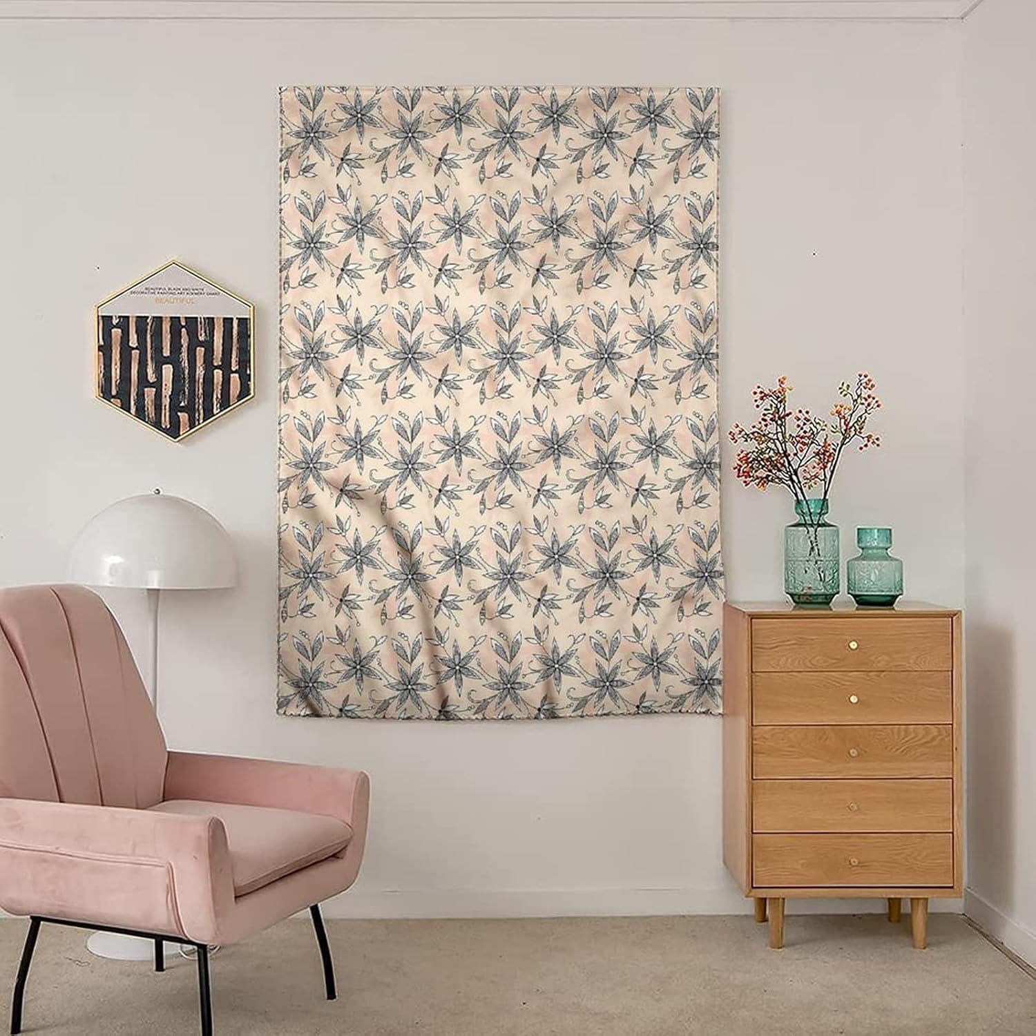 Self Adhesive Portable Blackout Curtains, Floral Room Darkening Curtains, Monochrome Floral Design Print Temporary Blackout Blinds,59W x72L Inch, for Nursery,Children Kids Bedroom or Travel Use