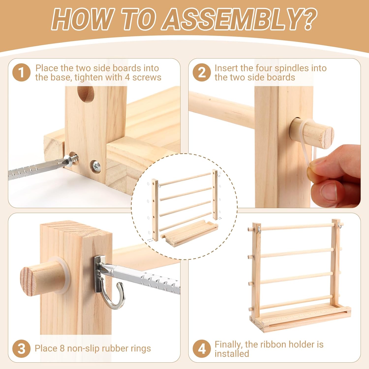 Ribbon Storage Organizer Rack - Wooden Ribbon Spool Holder for Craft Mesh Ribbon Wreath Bow Washi Tape Arts & Crafts Supplies, Ribbon Rack for Craft Room, Florist Arts Wrapping Craft Gift