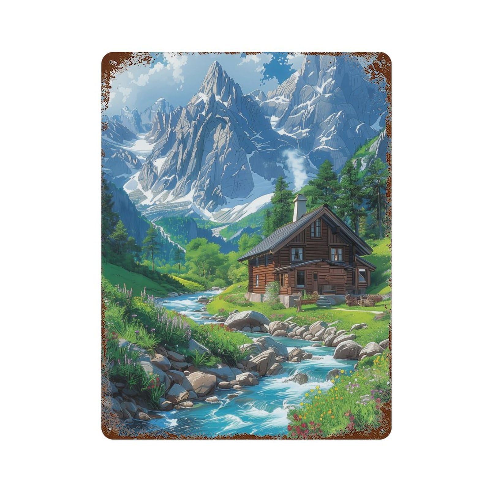 Mountain Cabin Scene Weathered Tin Sign 15.7"x11.8", for Shed, Workshop And Garage Wall Decor, Decorative Metal Wall Art