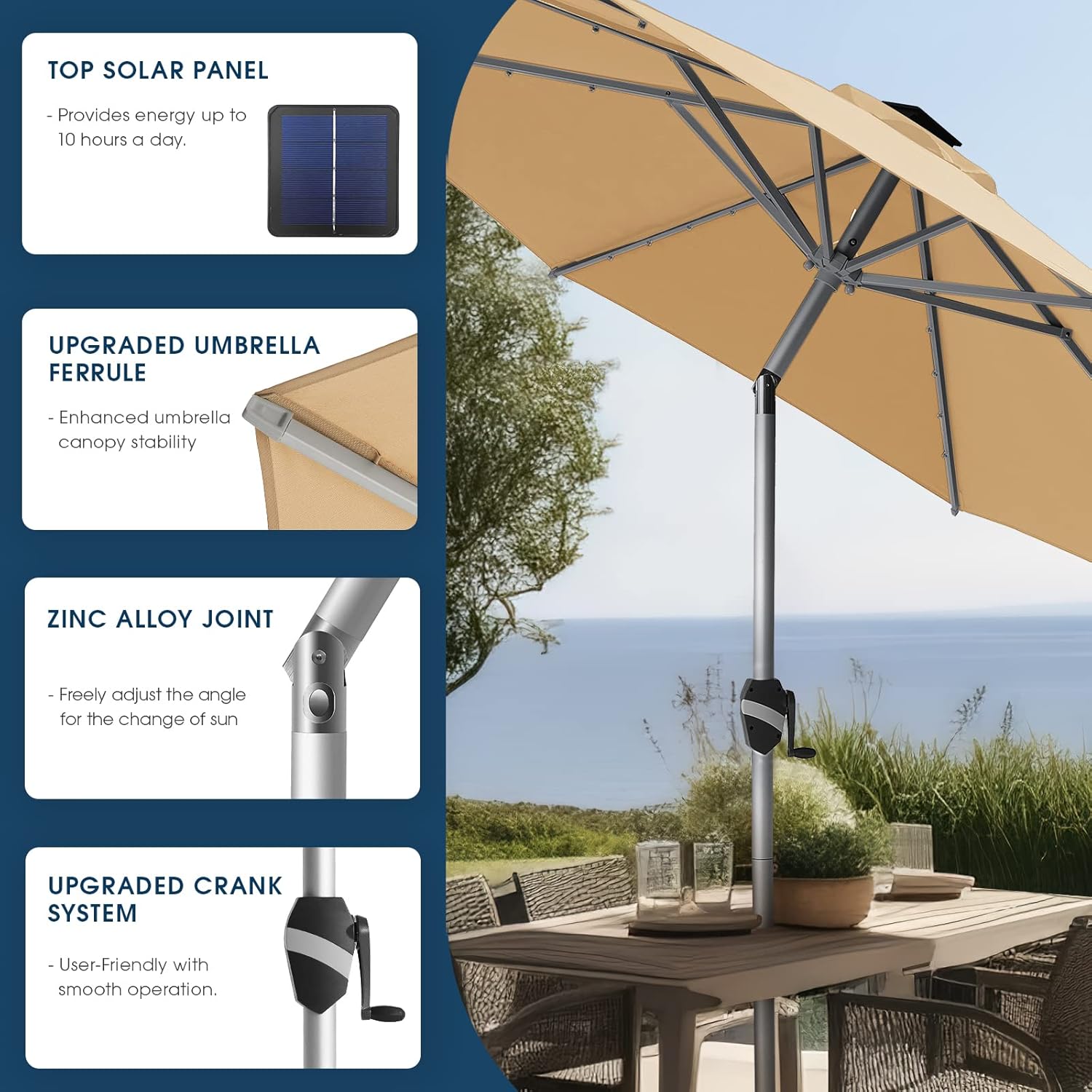 BLUU 10 Ft Patio Umbrella with Solar LED Lights, 5-Year Fade-Resistant Aluminum Outdoor Table Umbrella with Tilt Adjustment and Crank for Pool, Deck, Garden and Lawn, Beige - Image 5