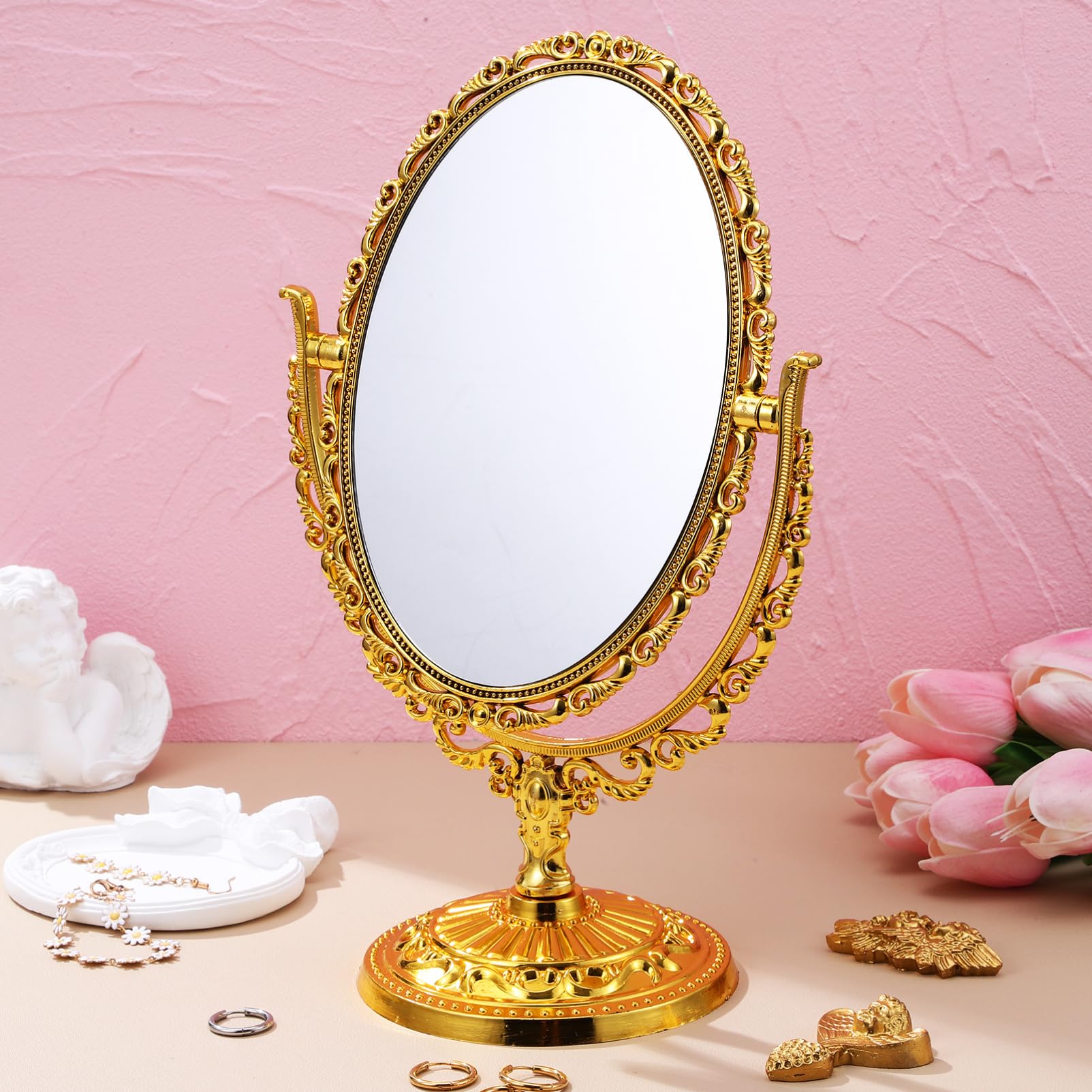 FOMIYES Gold Makeup Mirror Double-Sided Rotating Table Mirror Vintage Vanity for Bedroom Bathroom Desk Use - Image 3