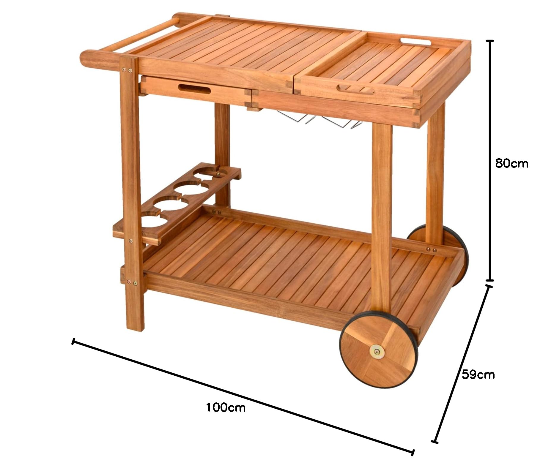Outdoor Grill Trolley, Servierwagen für Garten, BBQ Beistelltisch, Tisch für Grill mit 2 Tabletts – 100 x 80 x 59 cm, Akazienholz