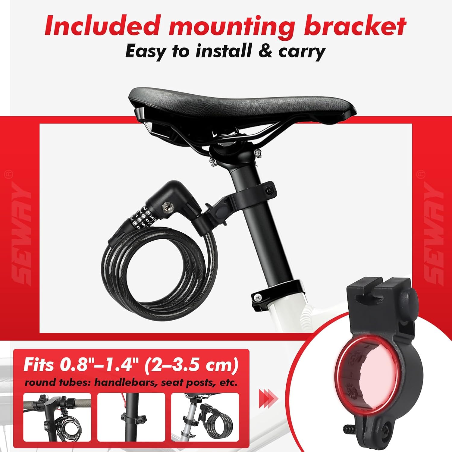 SEWAY Bike Cable Lock 4 ft, Scooter Lock for E-Bike & Electric Bicycle | Combination Design, Braided Steel Cable, Weather-Resistant, Heavy-Duty, Portable & Lightweight for Campus & Urban